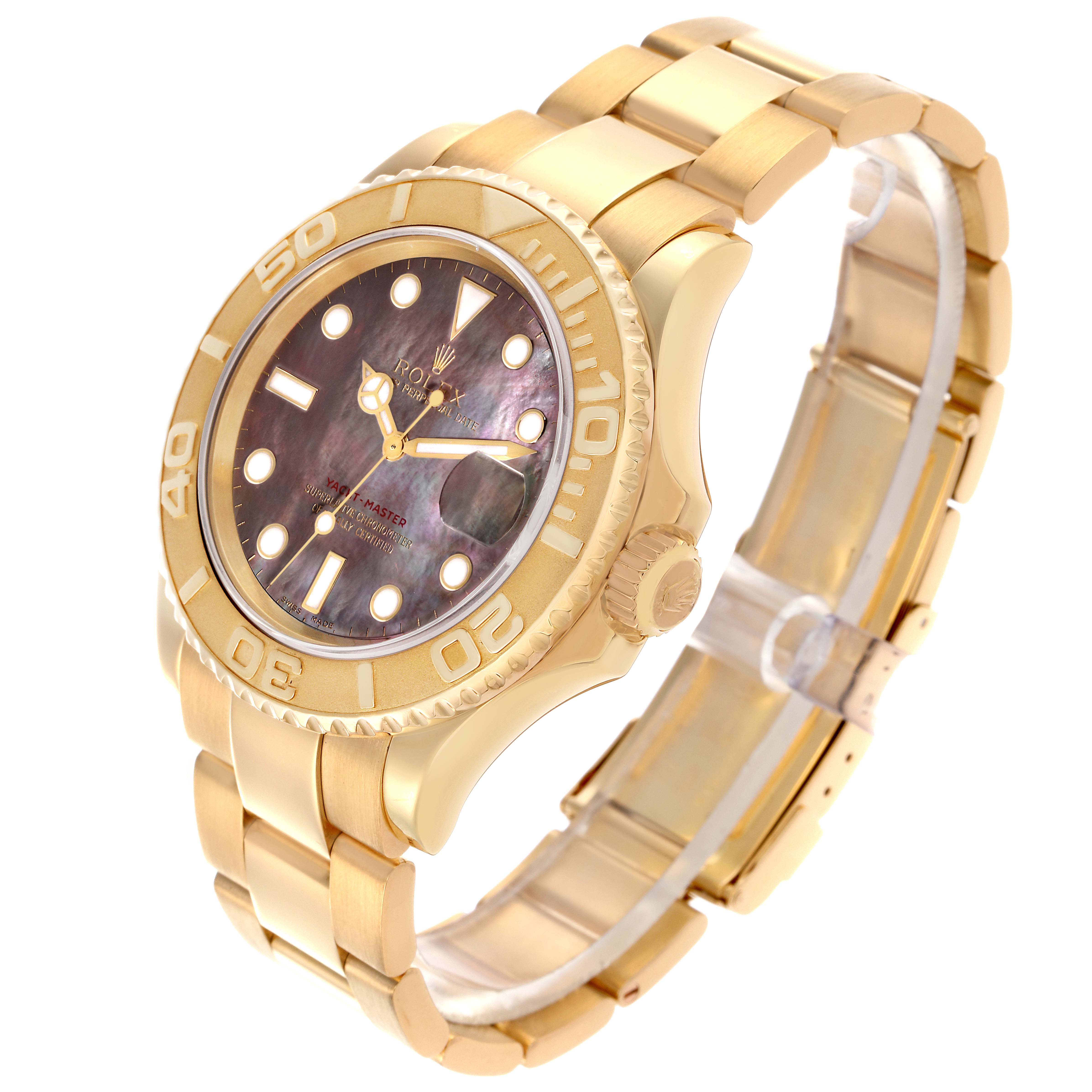 The Rolex Yacht-Master 16628 Men's Yellow Gold Mother of Pearl Dial 16628 Men's Yellow Gold Mother of Pearl Dial watch is shown at a three-quarter angle, highlighting the bezel, face, and bracelet.