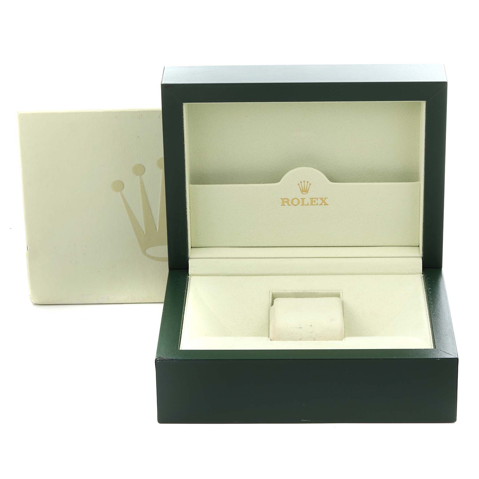 The image shows an open Rolex watch box for the Yacht-Master model, with its inner cushion and outer packaging visible.