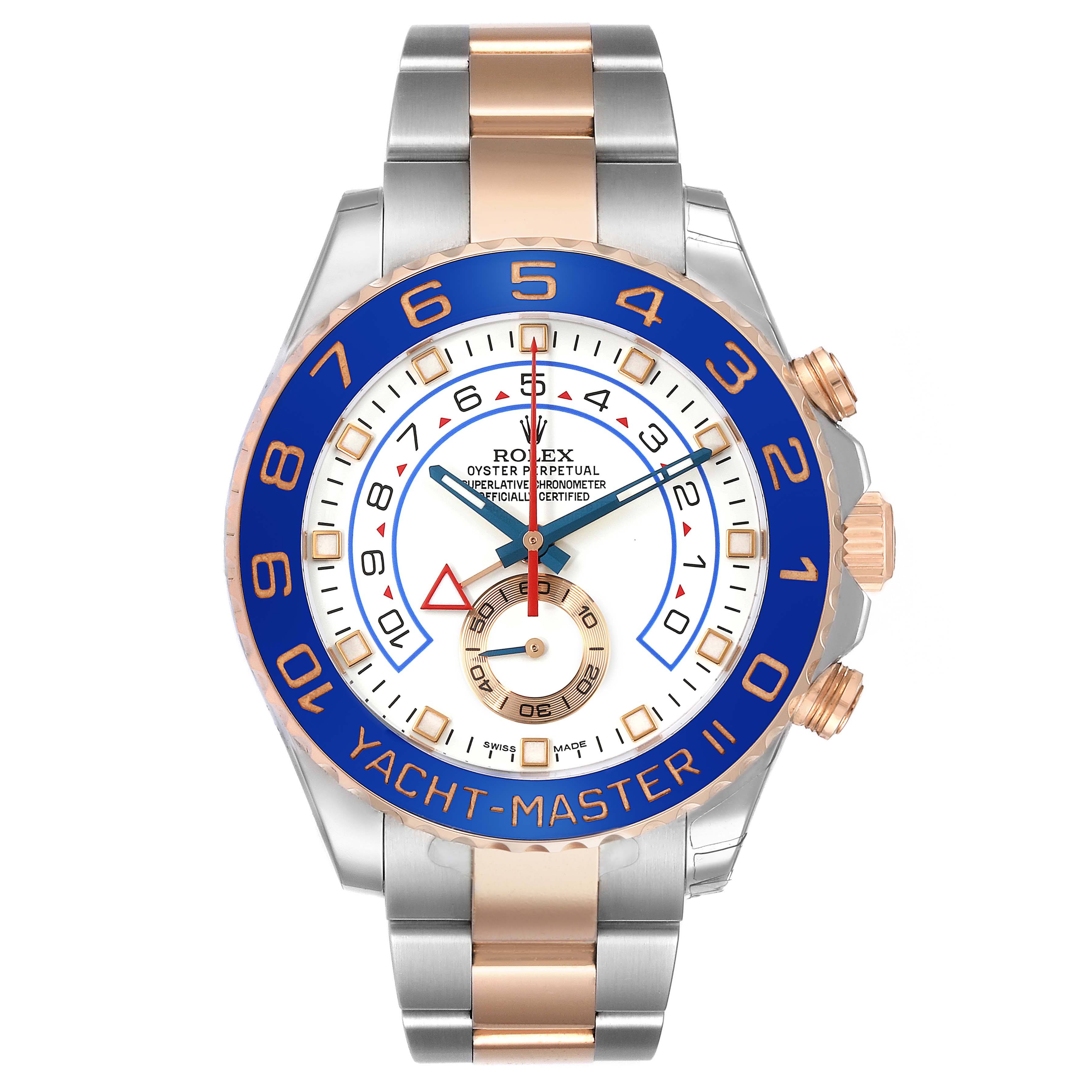 The Rolex Yacht-Master 116681M Men's Steel and Gold (two tone) White Dial watch is shown from a top view, highlighting its face, bezel, and bracelet.