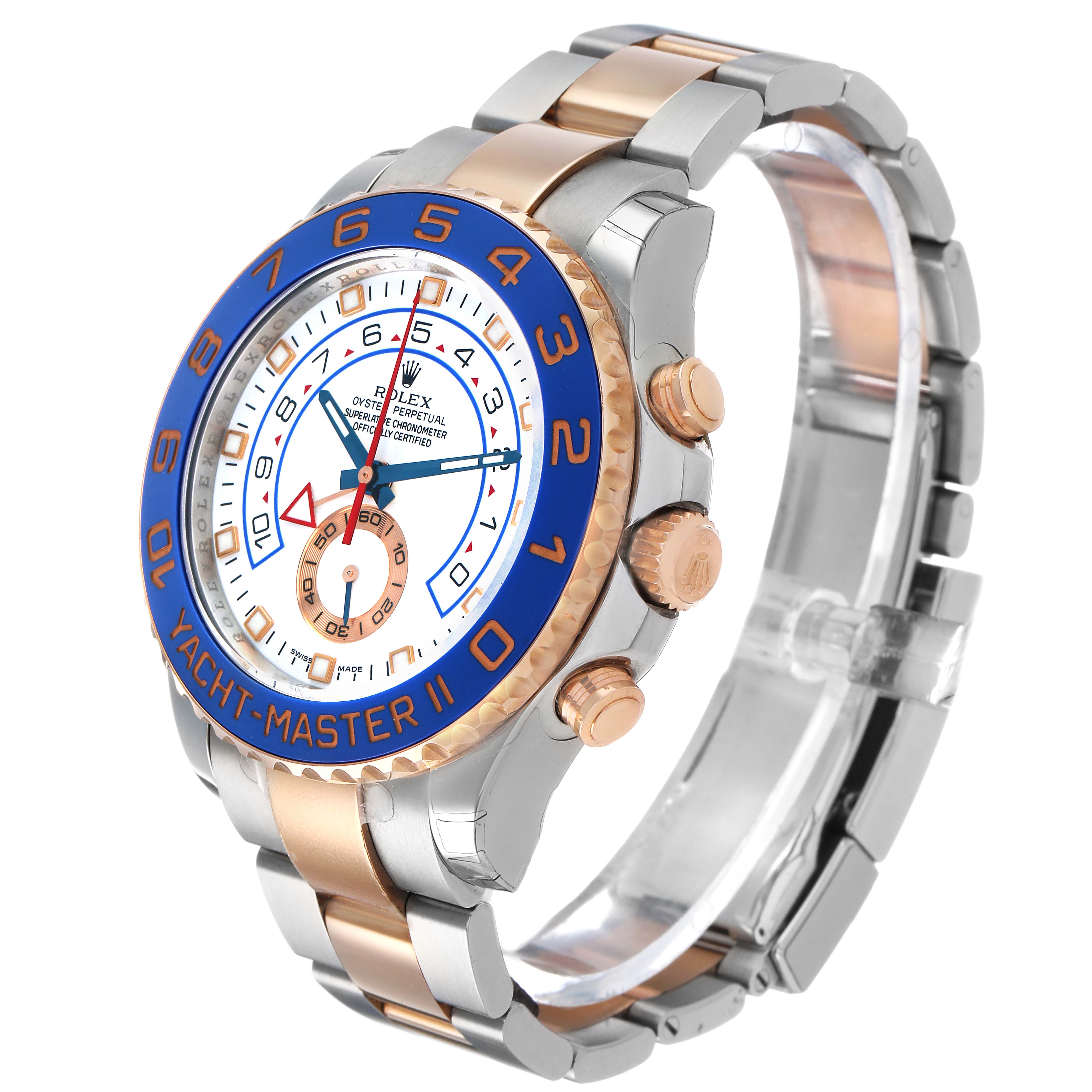 The Rolex Yacht-Master 116681M Men's Steel and Gold (two tone) White Dial II is shown at a slight side angle, displaying its bezel, dial, crown, and two-tone bracelet.