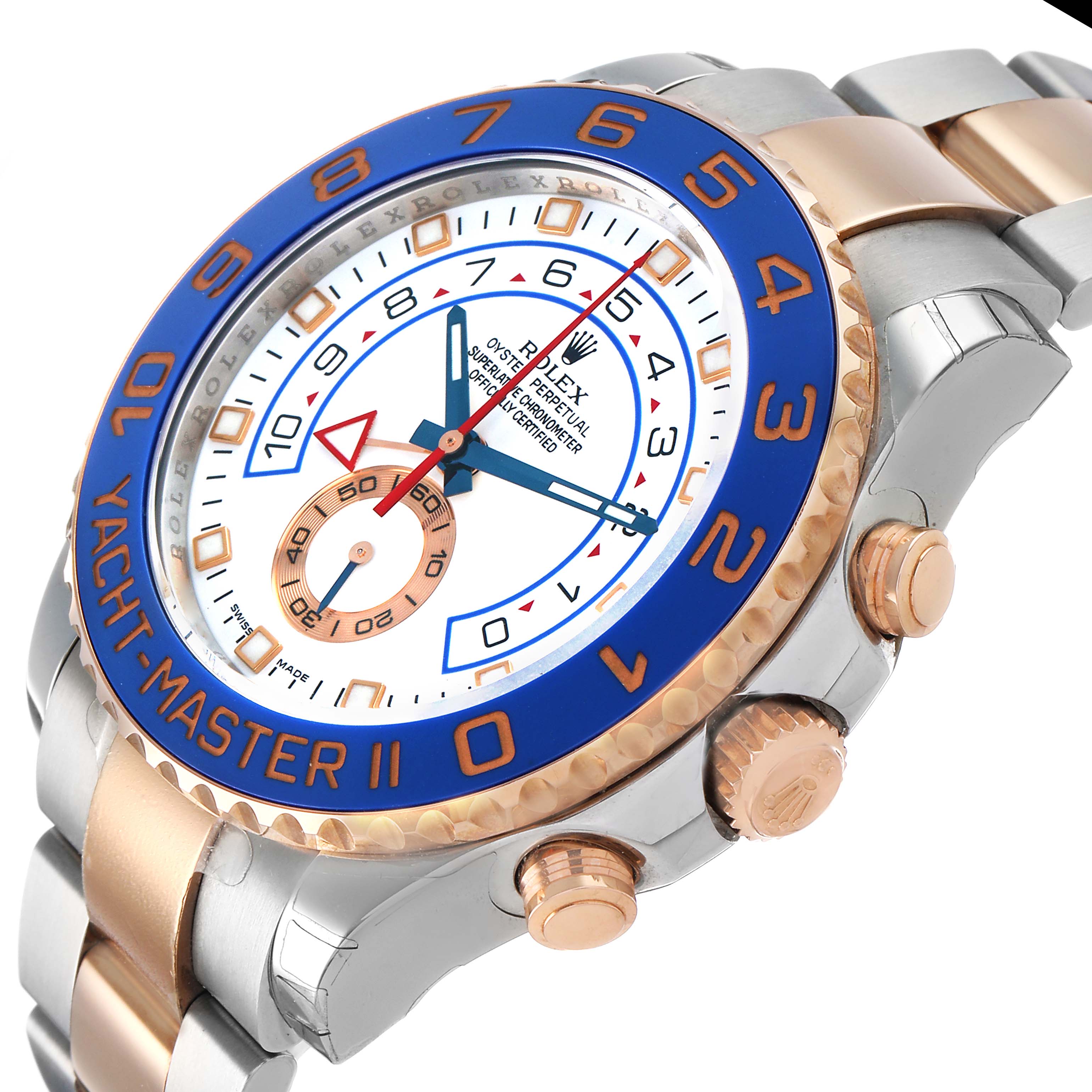 The image shows a Rolex Yacht-Master 116681M Men's Steel and Gold (two tone) White Dial watch at a tilted angle, highlighting the bezel, dial, and part of the bracelet.