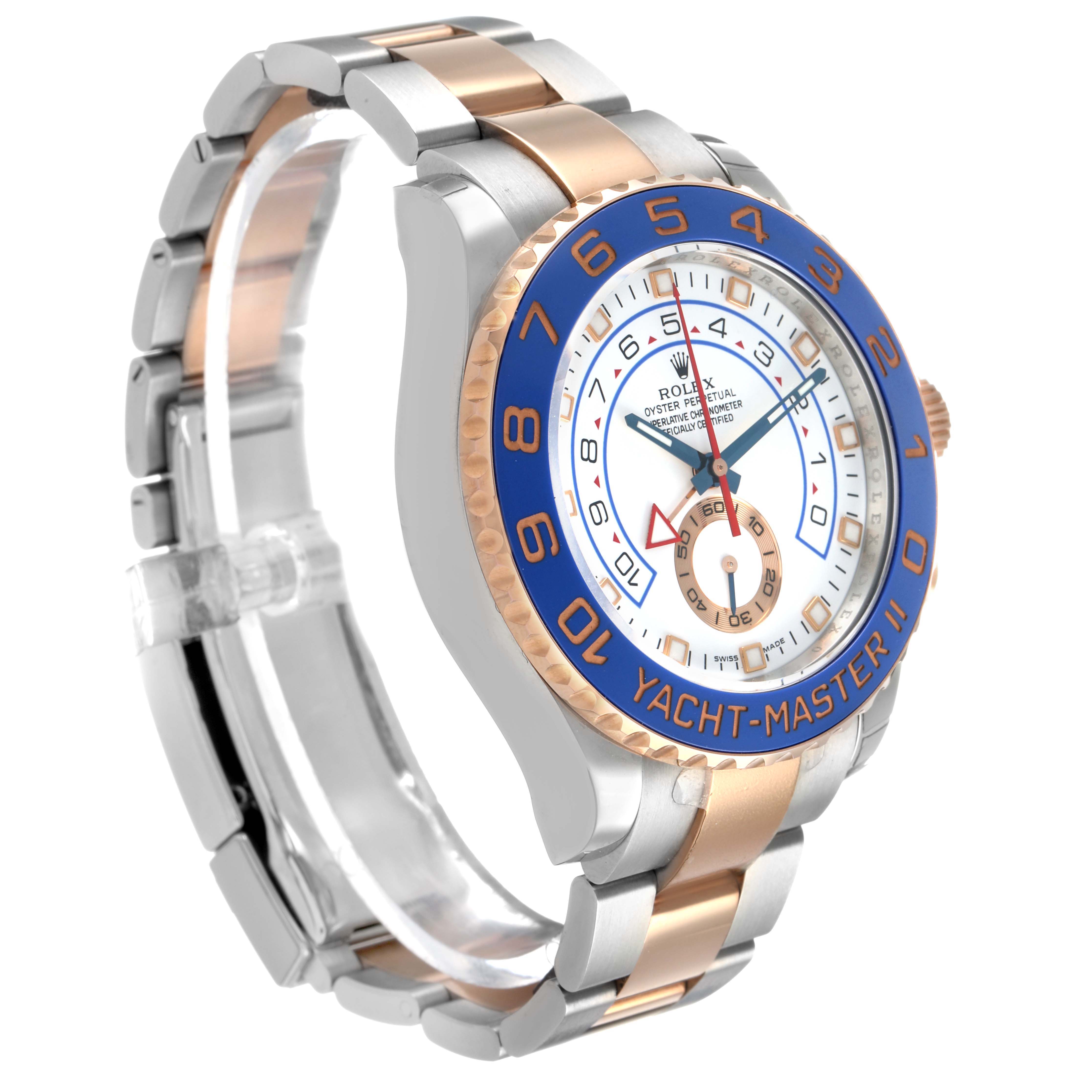 The Rolex Yacht-Master 116681M Men's Steel and Gold (two tone) White Dial is shown at a slight angle highlighting the bezel, dial, and two-tone bracelet.