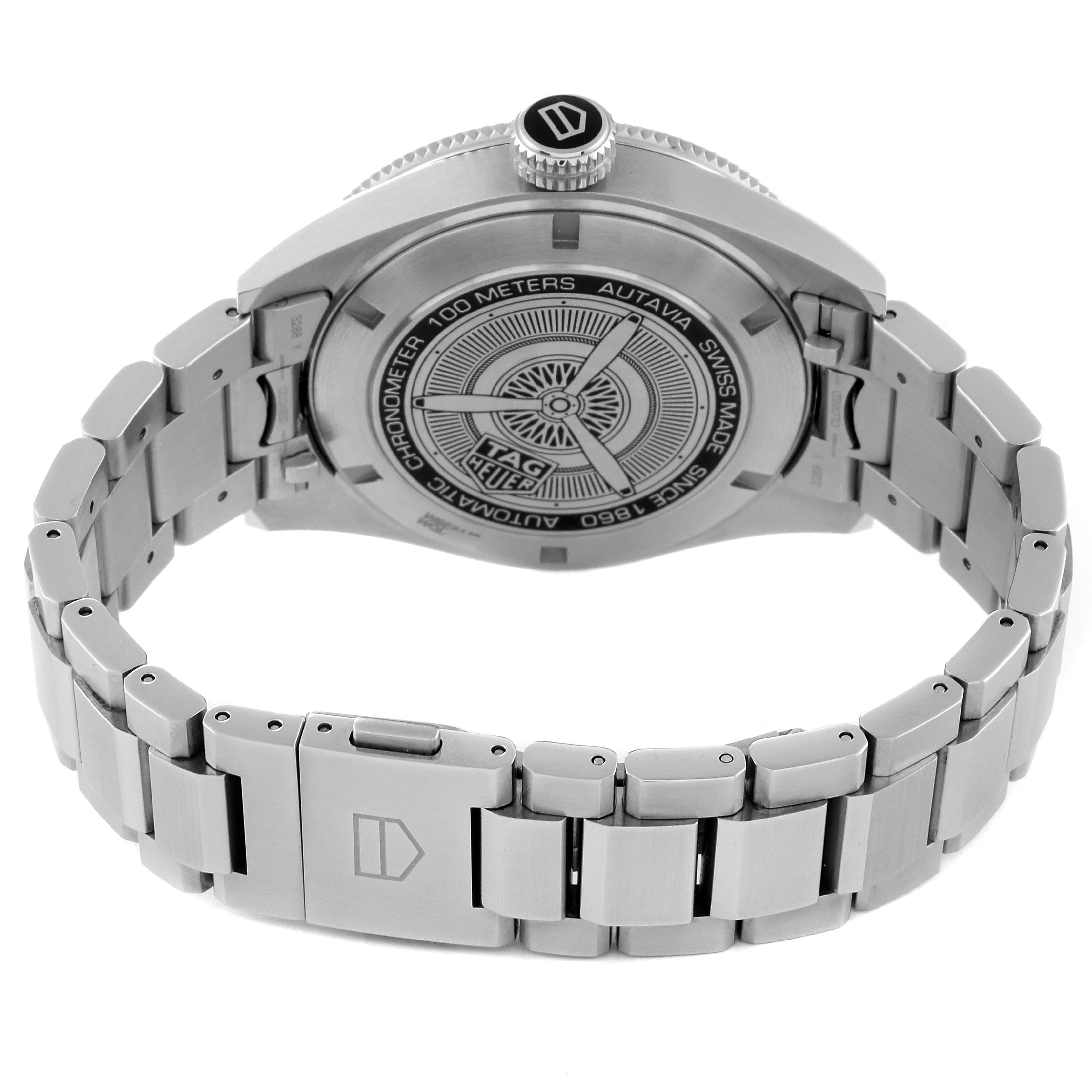 This image shows the back case and bracelet of a Tag Heuer Autavia WBE5116.EB0173 Men's Stainless Steel Blue Dial WBE5116.EB0173 Men's Stainless Steel Blue Dial watch, highlighting the case back engraving and clasp.