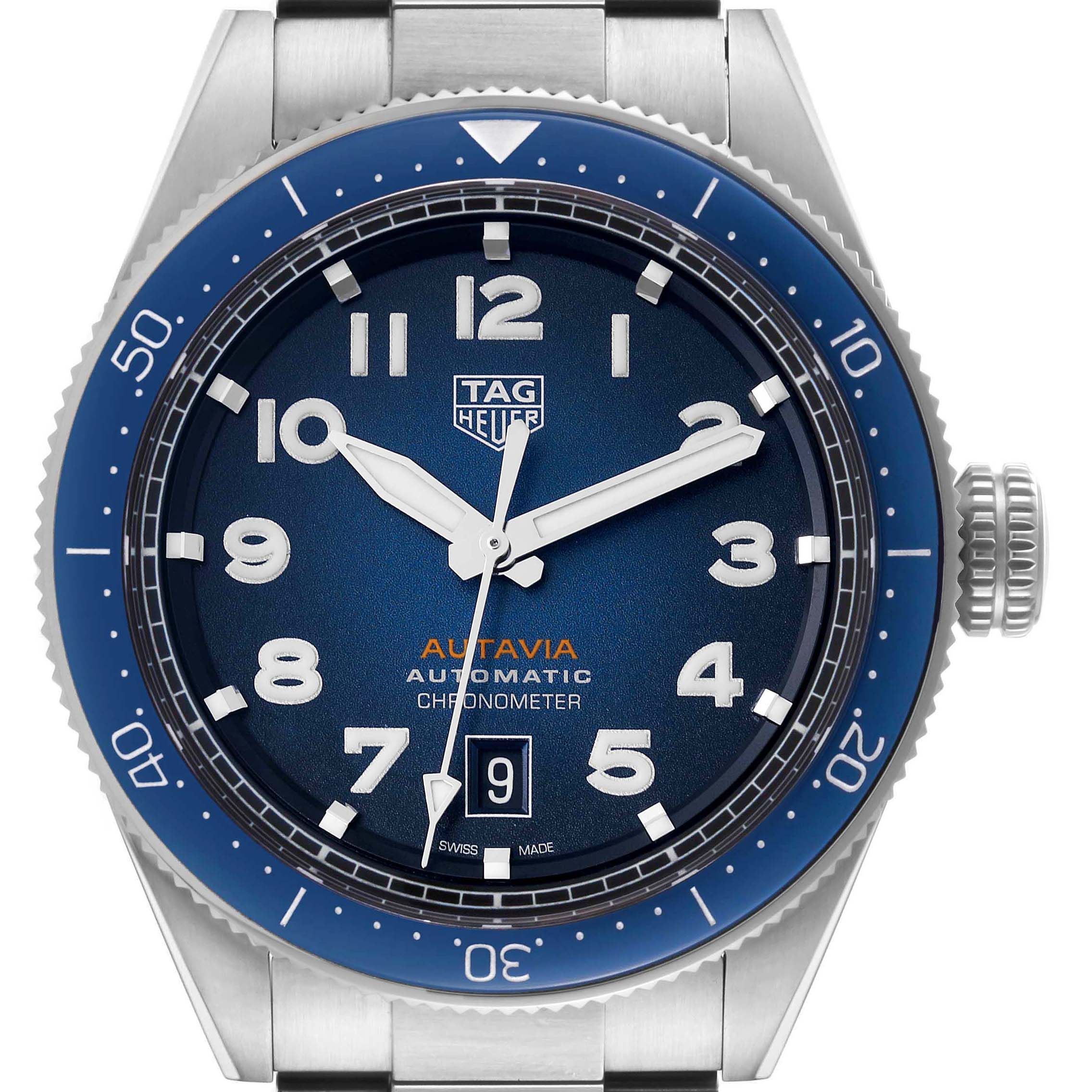 The Tag Heuer Autavia WBE5116.EB0173 Men's Stainless Steel Blue Dial WBE5116.EB0173 Men's Stainless Steel Blue Dial watch is shown from a front angle, displaying the face, bezel, and part of the bracelet.