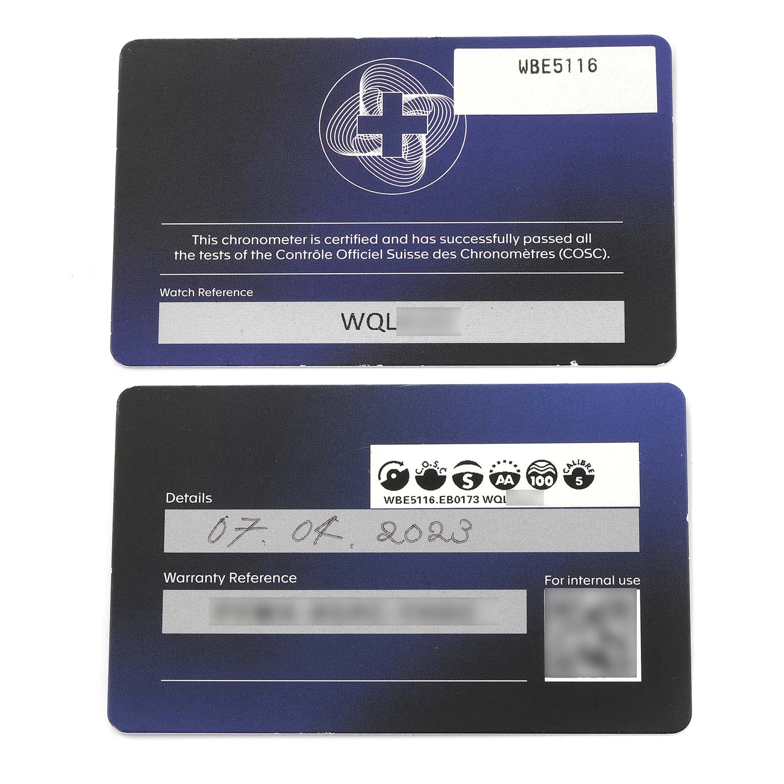 The image shows warranty cards for a Tag Heuer Autavia WBE5116.EB0173 Men's Stainless Steel Blue Dial WBE5116.EB0173 Men's Stainless Steel Blue Dial model, displayed front side up.