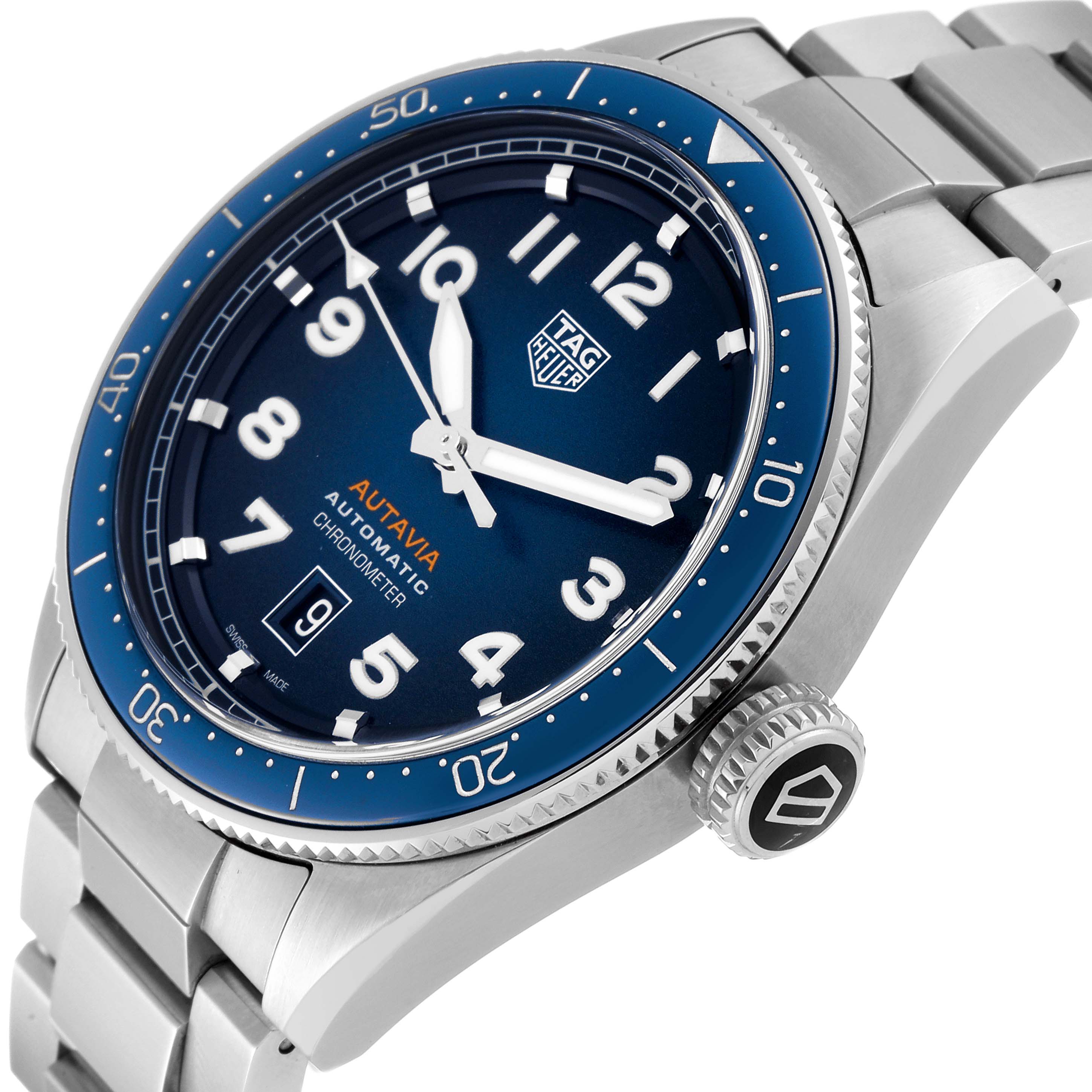 The image shows a Tag Heuer Autavia WBE5116.EB0173 Men's Stainless Steel Blue Dial WBE5116.EB0173 Men's Stainless Steel Blue Dial model watch from a top-side angle, highlighting its blue dial, bezel, bracelet, and crown.