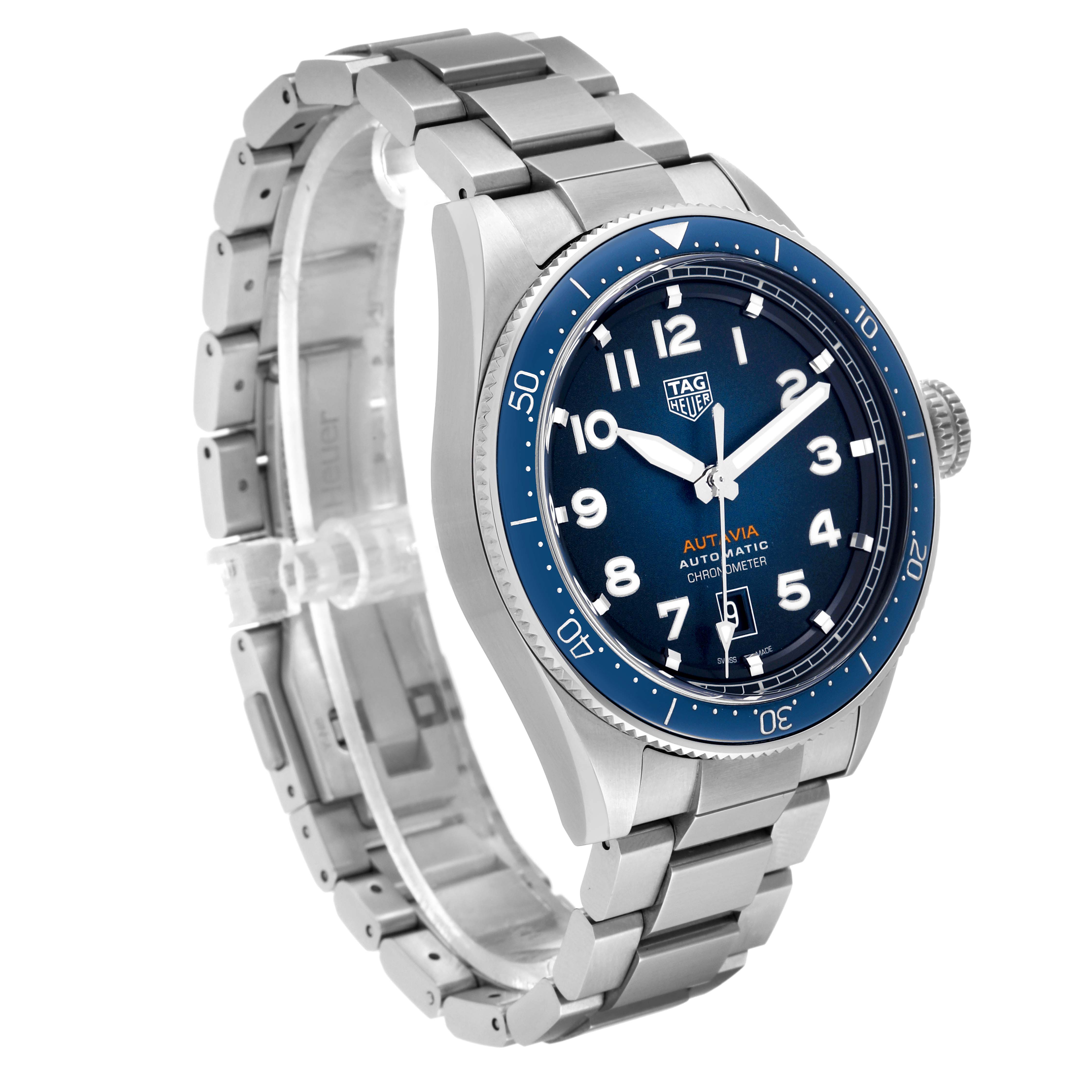 The Tag Heuer Autavia WBE5116.EB0173 Men's Stainless Steel Blue Dial WBE5116.EB0173 Men's Stainless Steel Blue Dial watch is shown at a 45-degree angle, featuring the blue dial, stainless steel case, and bracelet.