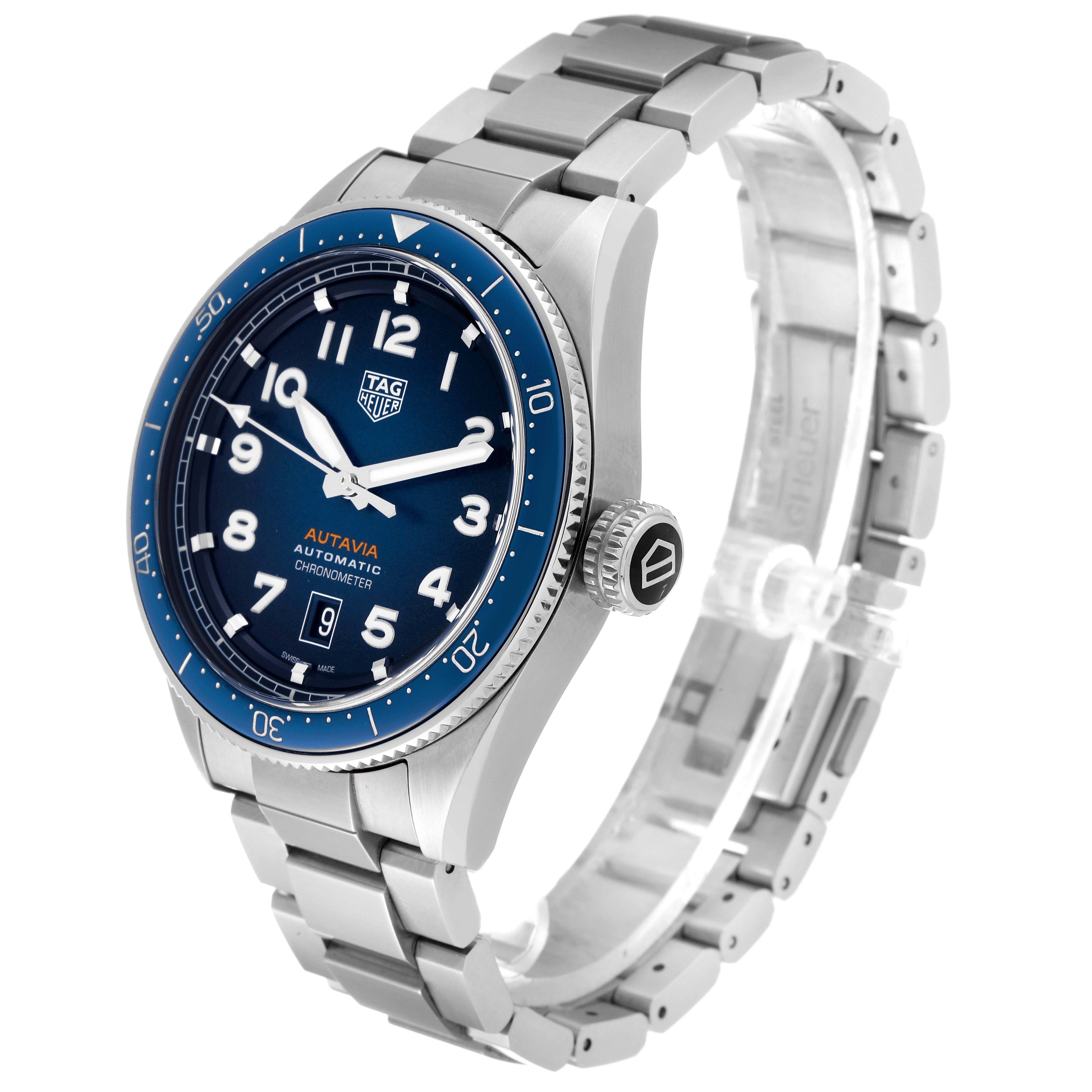 The image shows a Tag Heuer Autavia WBE5116.EB0173 Men's Stainless Steel Blue Dial WBE5116.EB0173 Men's Stainless Steel Blue Dial watch at a three-quarter angle, highlighting the dial, bezel, crown, and bracelet.
