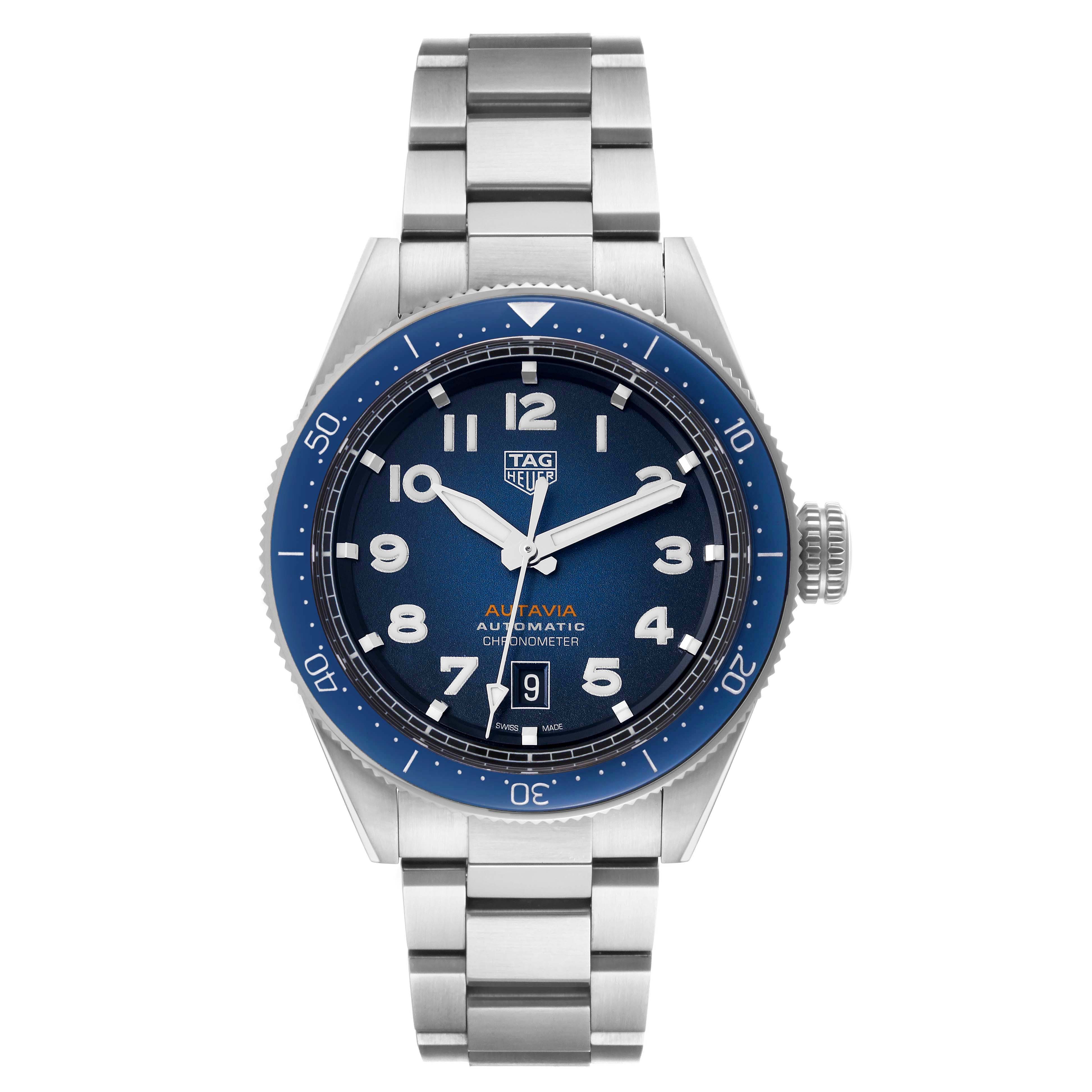 The image shows a front view of the Tag Heuer Autavia WBE5116.EB0173 Men's Stainless Steel Blue Dial WBE5116.EB0173 Men's Stainless Steel Blue Dial watch featuring a blue dial, stainless steel bracelet, and a rotating bezel.