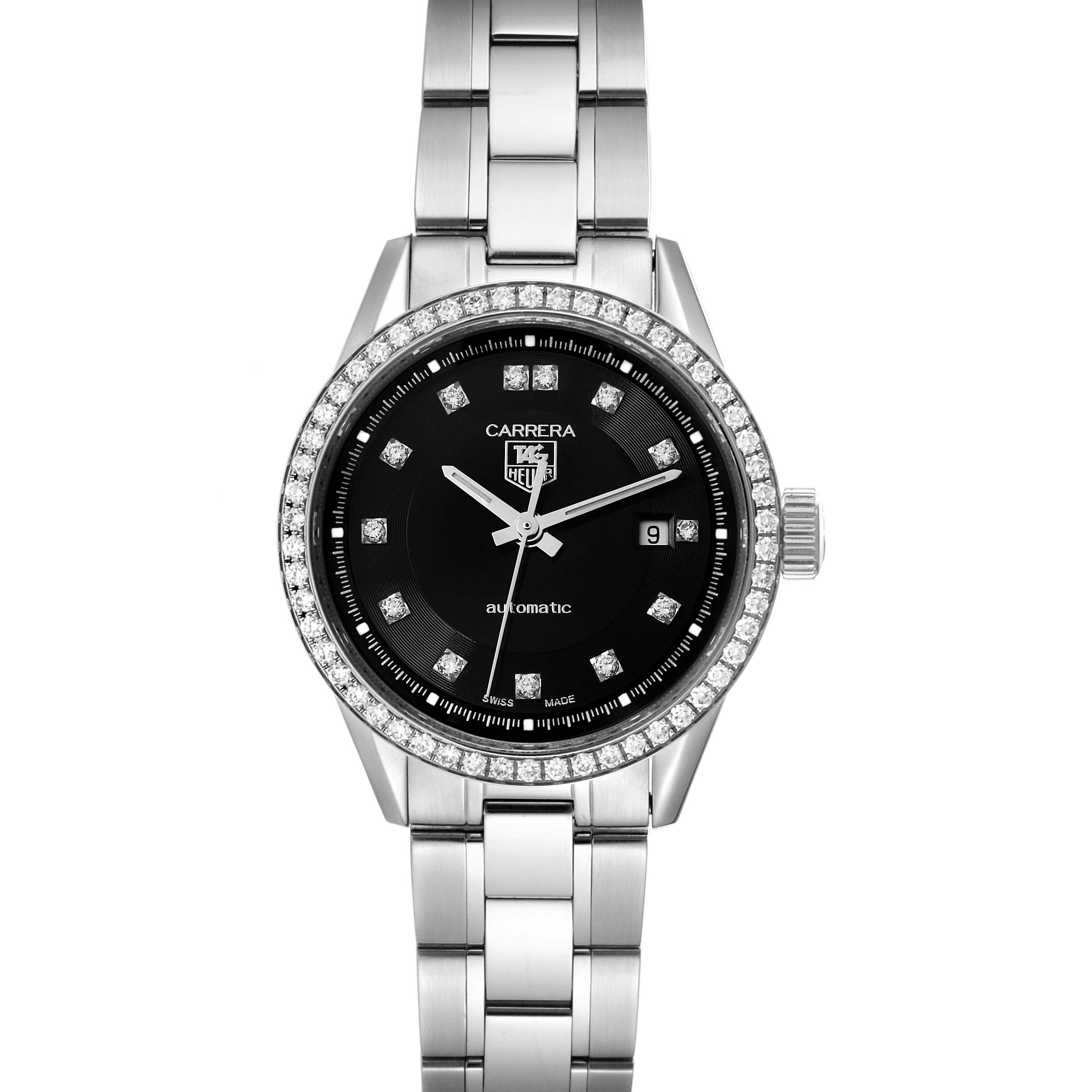 The image shows a frontal view of the Carrera model by Tag Heuer, highlighting the bracelet, bezel, crown, and watch face.