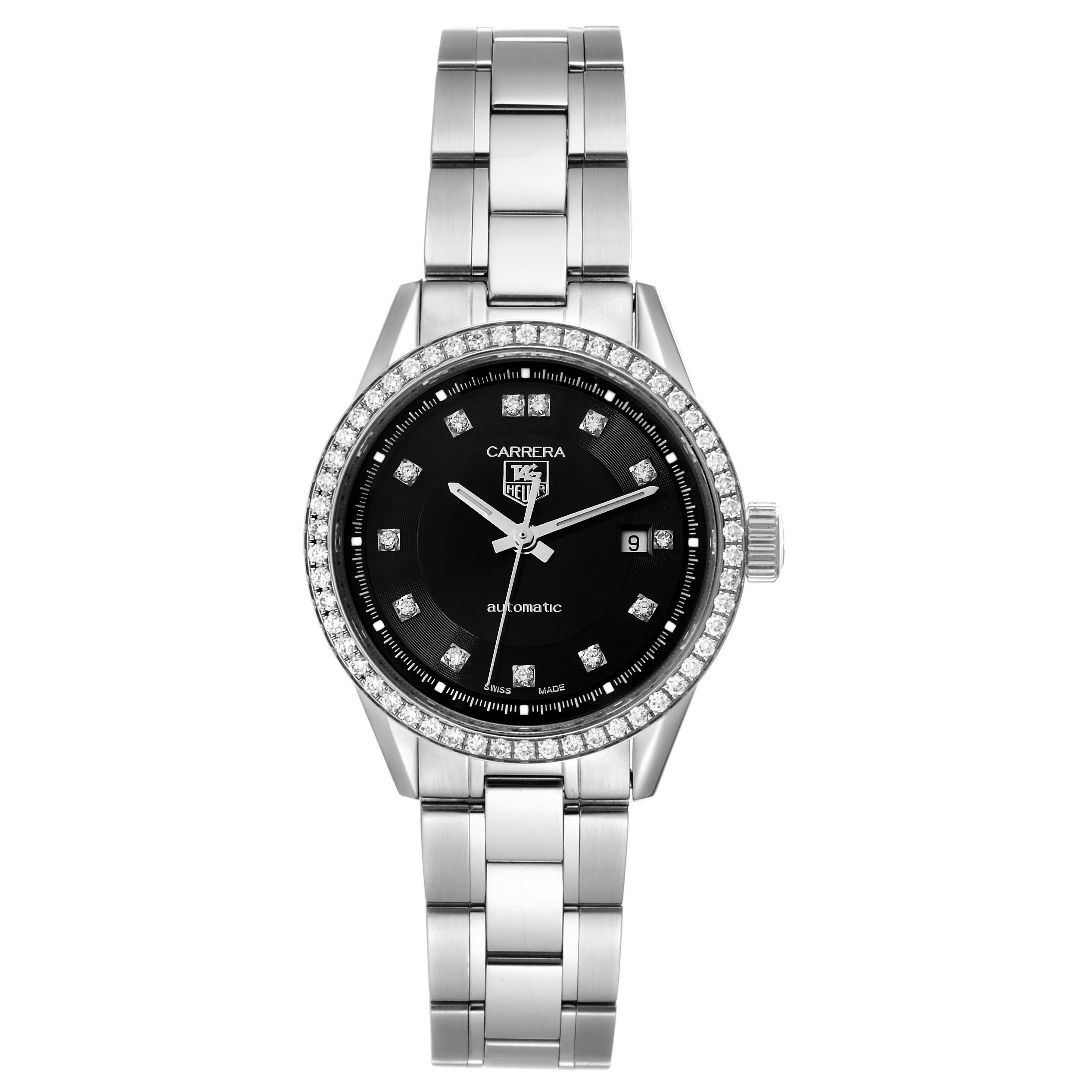 The image shows a front view of a Tag Heuer Carrera WV2412.BA0793 Women's Stainless Steel Black Dial WV2412.BA0793 Women's Stainless Steel Black Dial watch with a silver bracelet and a black dial.