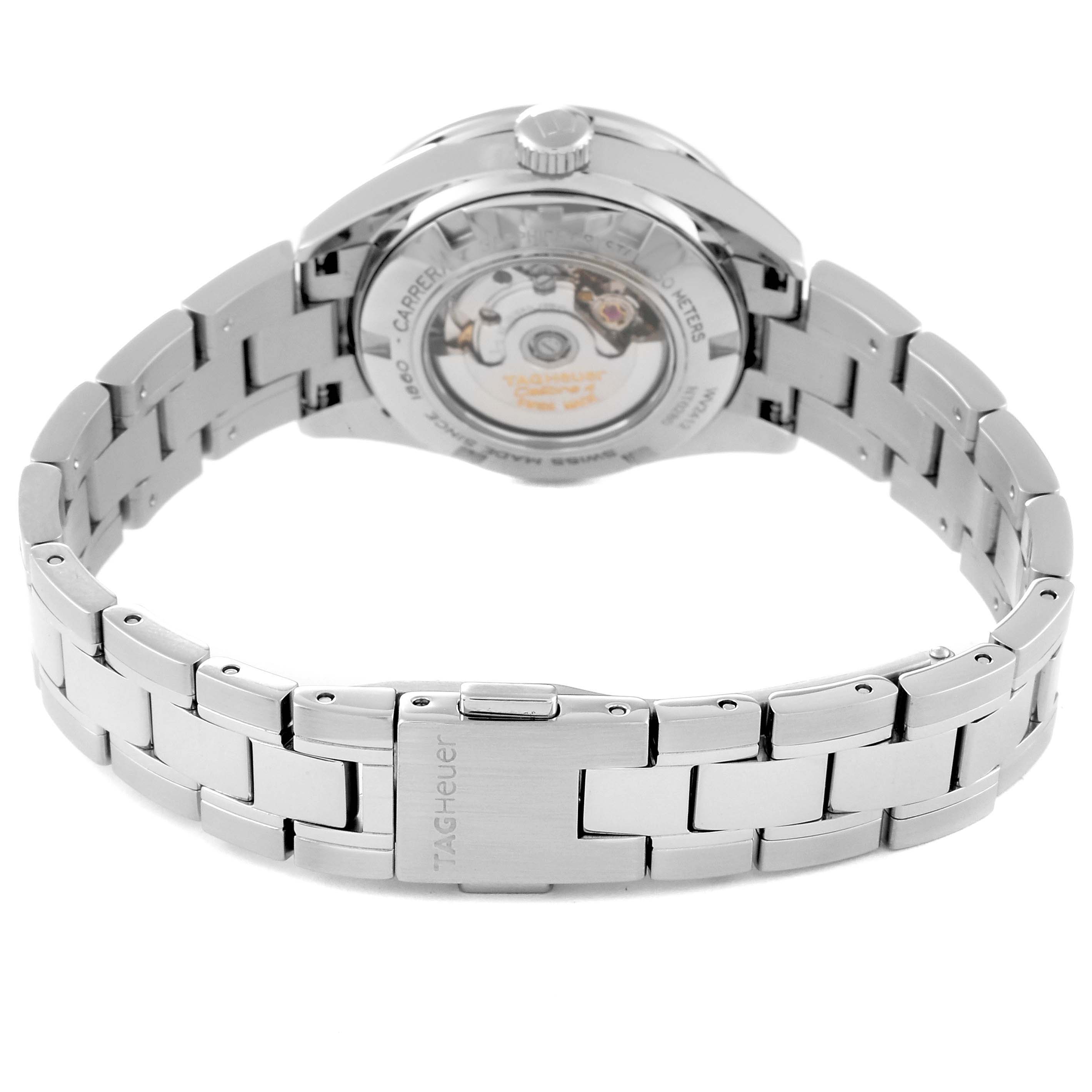 The image shows the back view of a Tag Heuer Carrera WV2412.BA0793 Women's Stainless Steel Black Dial WV2412.BA0793 Women's Stainless Steel Black Dial watch, highlighting its stainless steel bracelet and caseback.