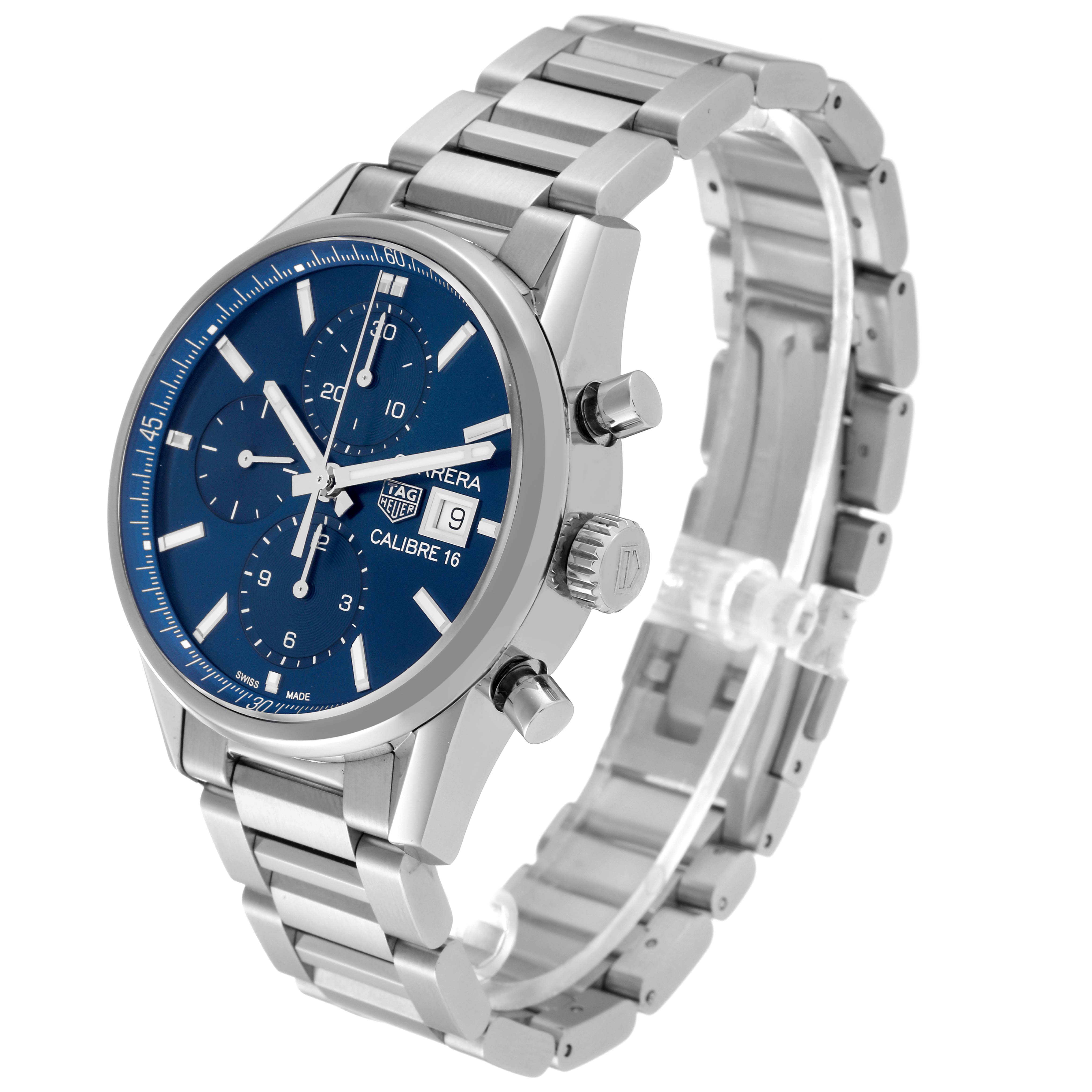 The image shows a Tag Heuer Carrera CBK2112.BA0715 Men's Stainless Steel Blue Dial CBK2112.BA0715 Men's Stainless Steel Blue Dial model watch at a three-quarter angle displaying its blue dial, date window, and stainless steel bracelet.