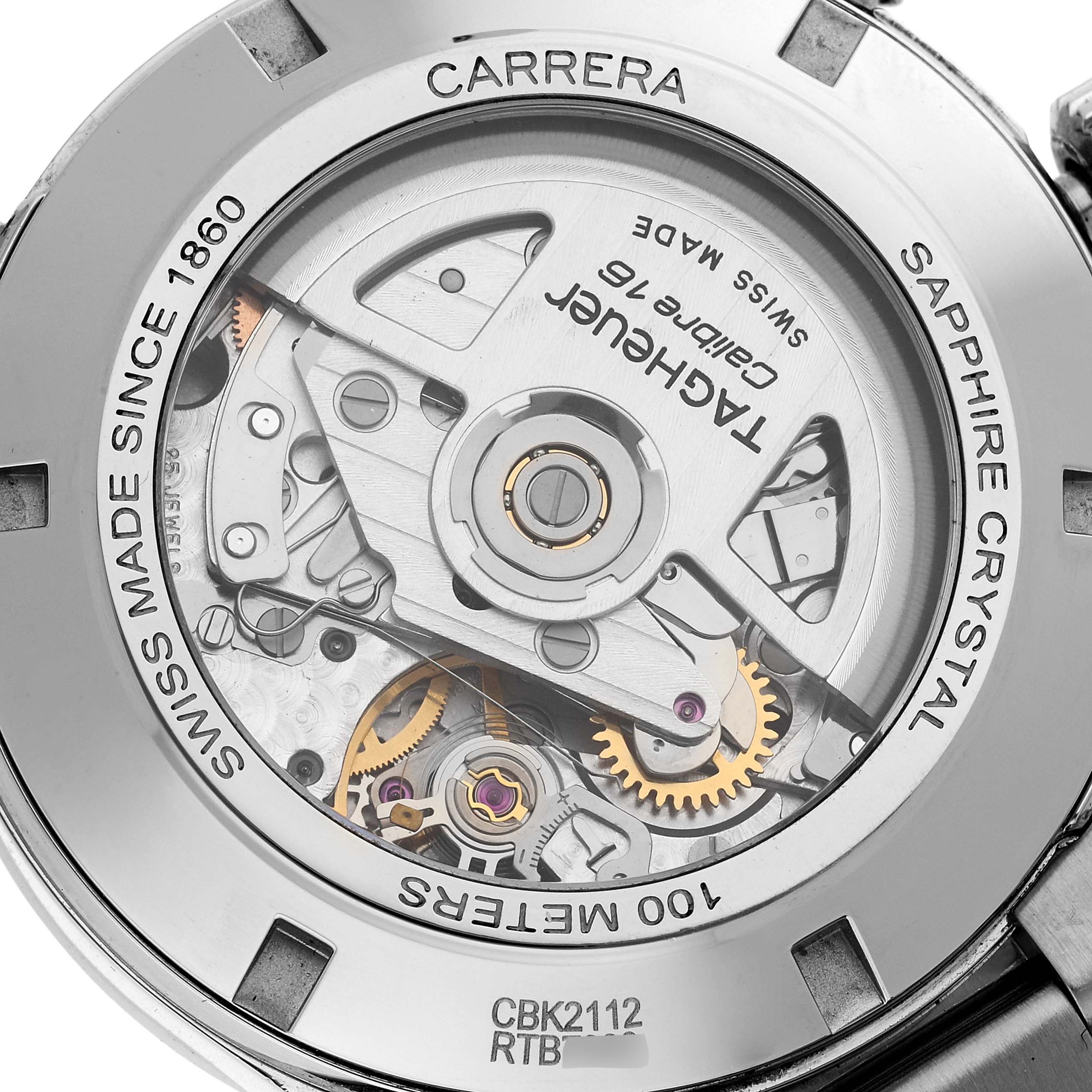 The image shows the back view of the Tag Heuer Carrera CBK2112.BA0715 Men's Stainless Steel Blue Dial CBK2112.BA0715 Men's Stainless Steel Blue Dial watch, revealing the intricate mechanics and inscriptions.