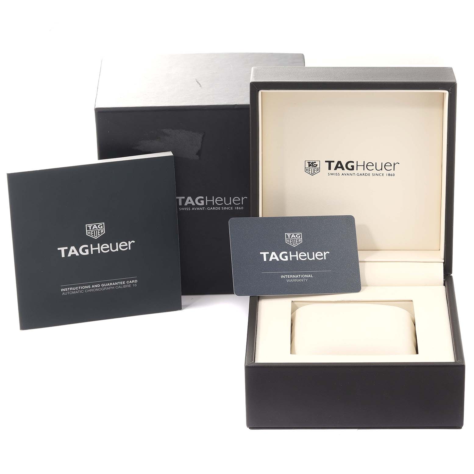 The image shows the packaging, instruction manual, warranty card, and presentation box for a Tag Heuer Carrera CBK2112.BA0715 Men's Stainless Steel Blue Dial CBK2112.BA0715 Men's Stainless Steel Blue Dial watch.