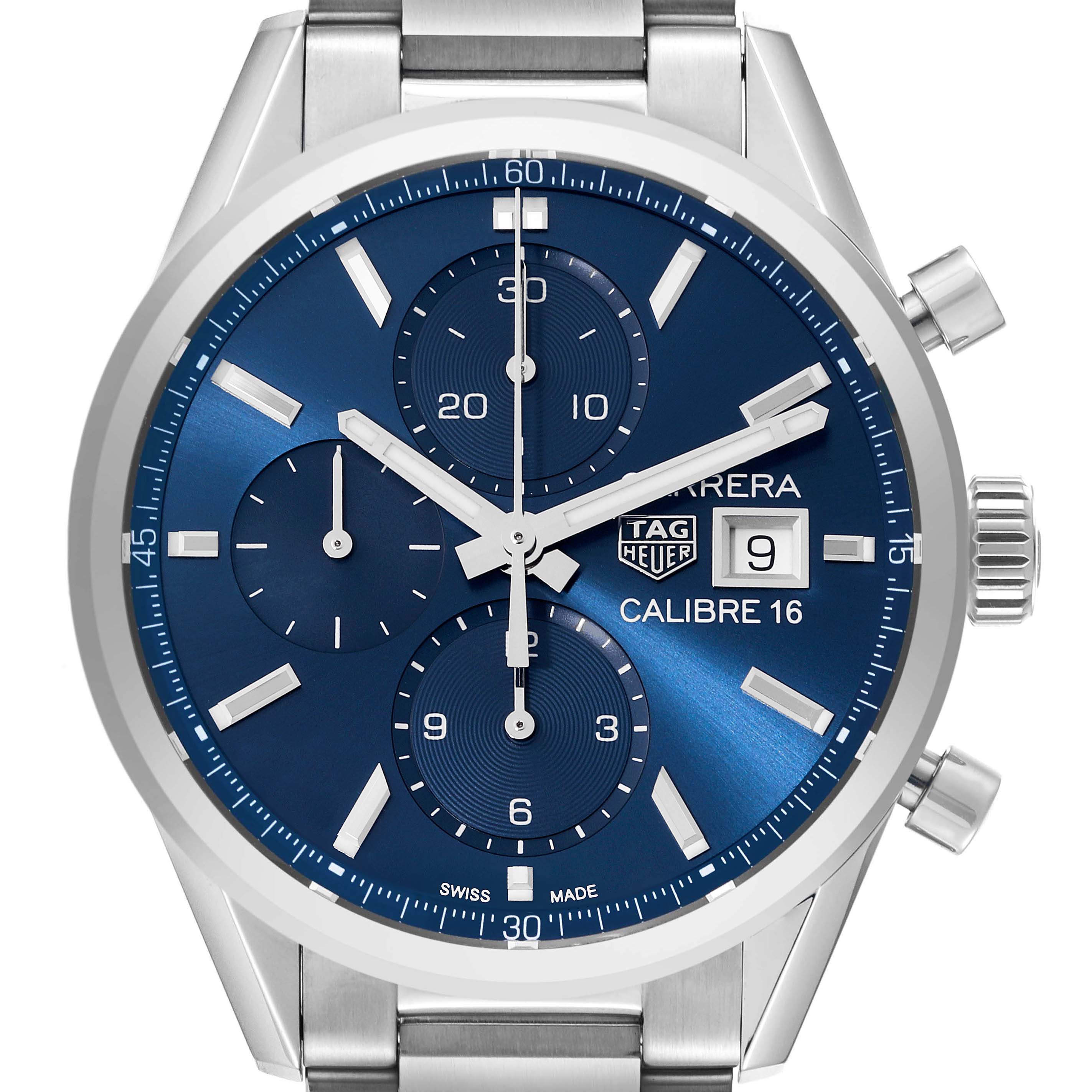 The image shows a front view of a Tag Heuer Carrera CBK2112.BA0715 Men's Stainless Steel Blue Dial CBK2112.BA0715 Men's Stainless Steel Blue Dial watch, highlighting its blue dial, three subdials, and stainless steel case and bracelet.