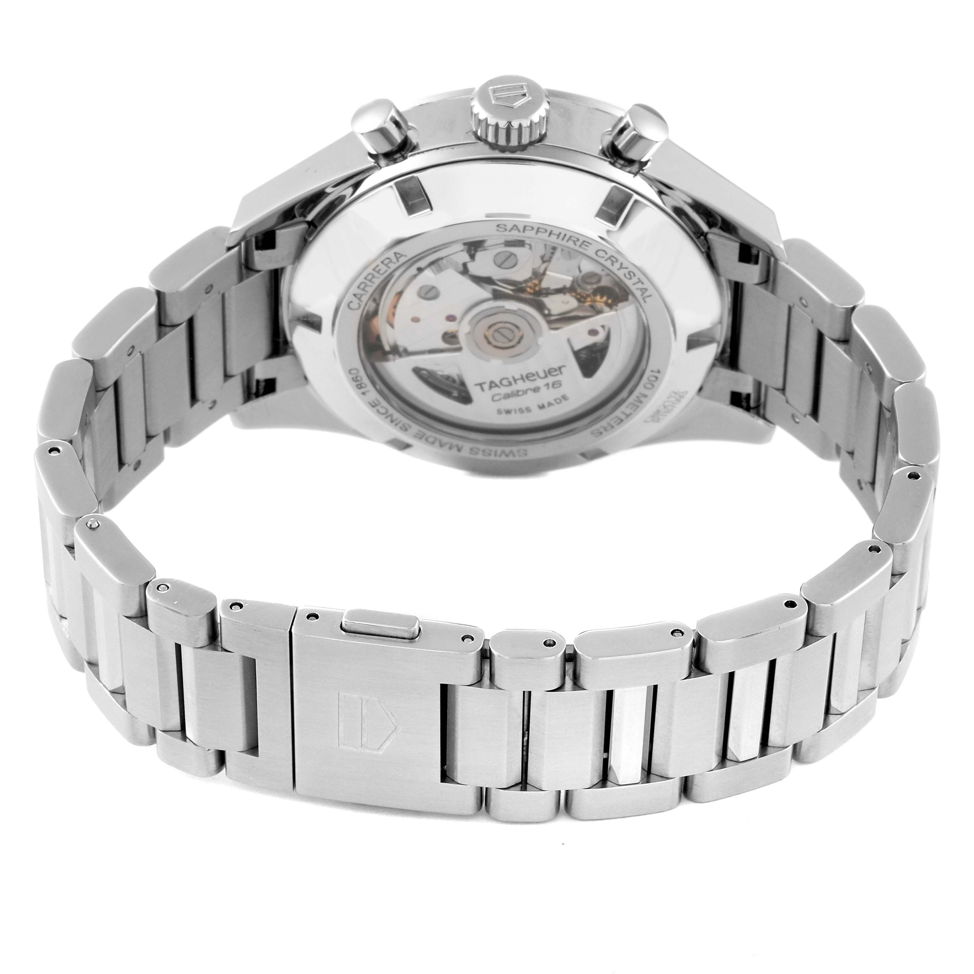 This image shows the back of a Tag Heuer Carrera CBK2112.BA0715 Men's Stainless Steel Blue Dial CBK2112.BA0715 Men's Stainless Steel Blue Dial watch, including its stainless steel bracelet and transparent case back.