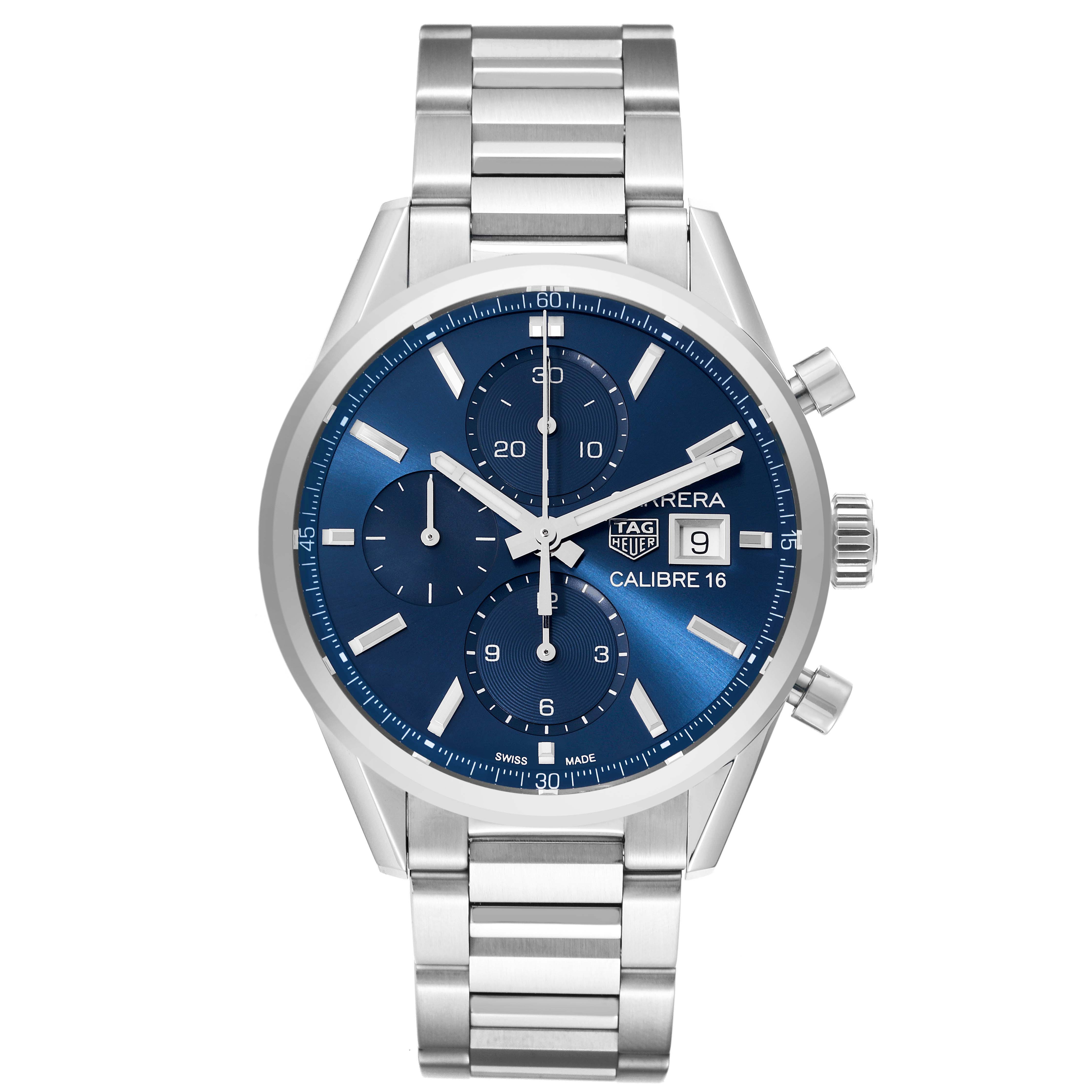 The image shows a front view of a Tag Heuer Carrera CBK2112.BA0715 Men's Stainless Steel Blue Dial CBK2112.BA0715 Men's Stainless Steel Blue Dial watch displaying its blue dial, metal bracelet, and chronograph features.