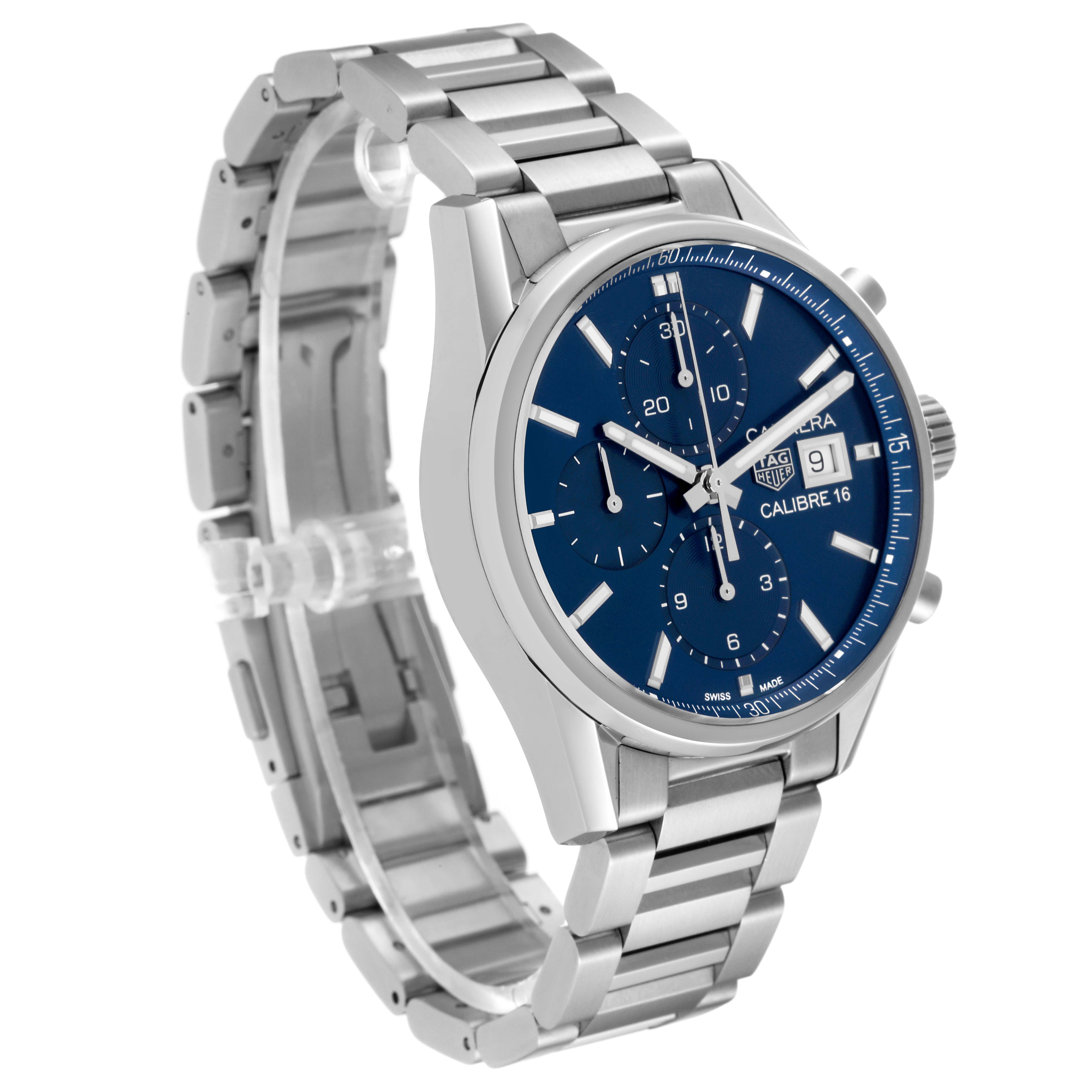 This image shows a Tag Heuer Carrera CBK2112.BA0715 Men's Stainless Steel Blue Dial CBK2112.BA0715 Men's Stainless Steel Blue Dial watch at a three-quarter angle, highlighting the blue dial, stainless steel bracelet, and chronograph features.