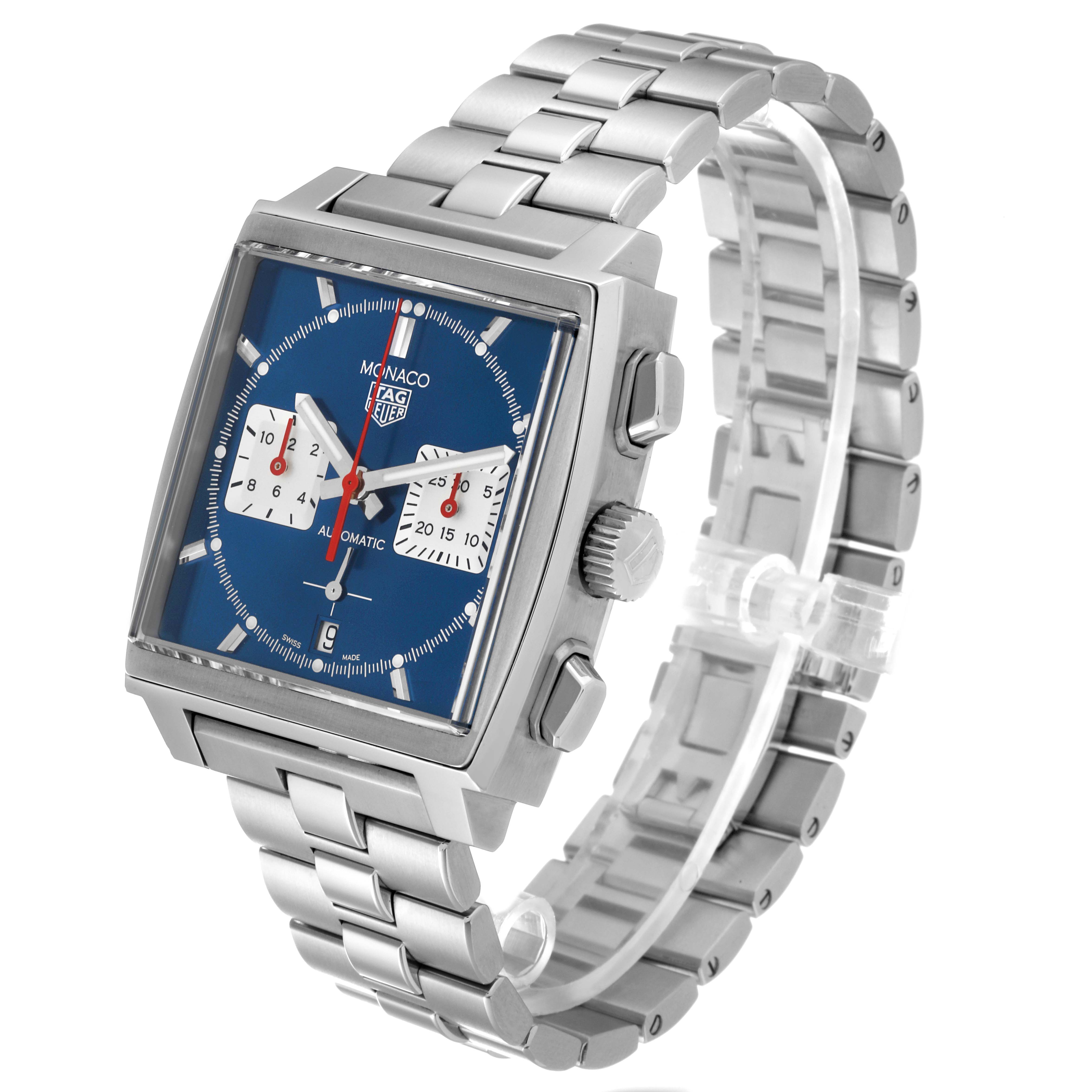 The image shows a front-side view of the Tag Heuer Monaco CBL2111.BA0644 Men's Stainless Steel Blue Dial CBL2111.BA0644 Men's Stainless Steel Blue Dial watch, highlighting its blue dial, square case, and metal bracelet.