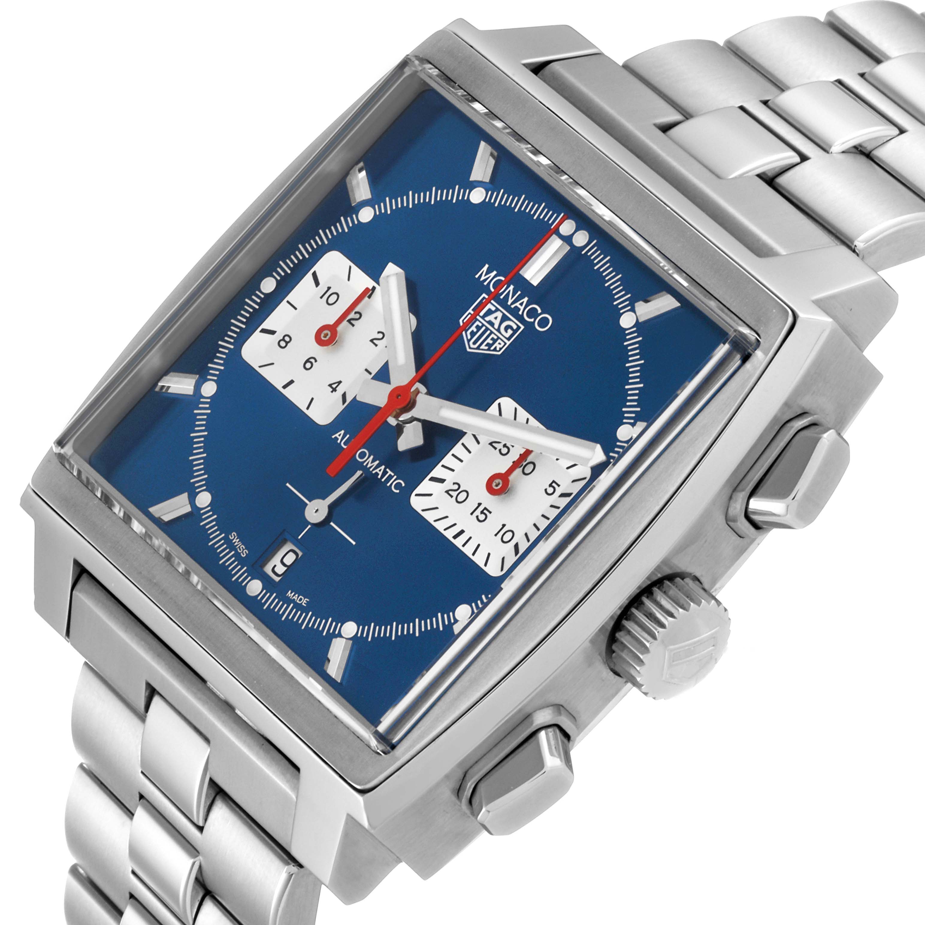 The image shows a close-up, angled view of the Tag Heuer Monaco CBL2111.BA0644 Men's Stainless Steel Blue Dial CBL2111.BA0644 Men's Stainless Steel Blue Dial watch, highlighting its face, crown, and bracelet.