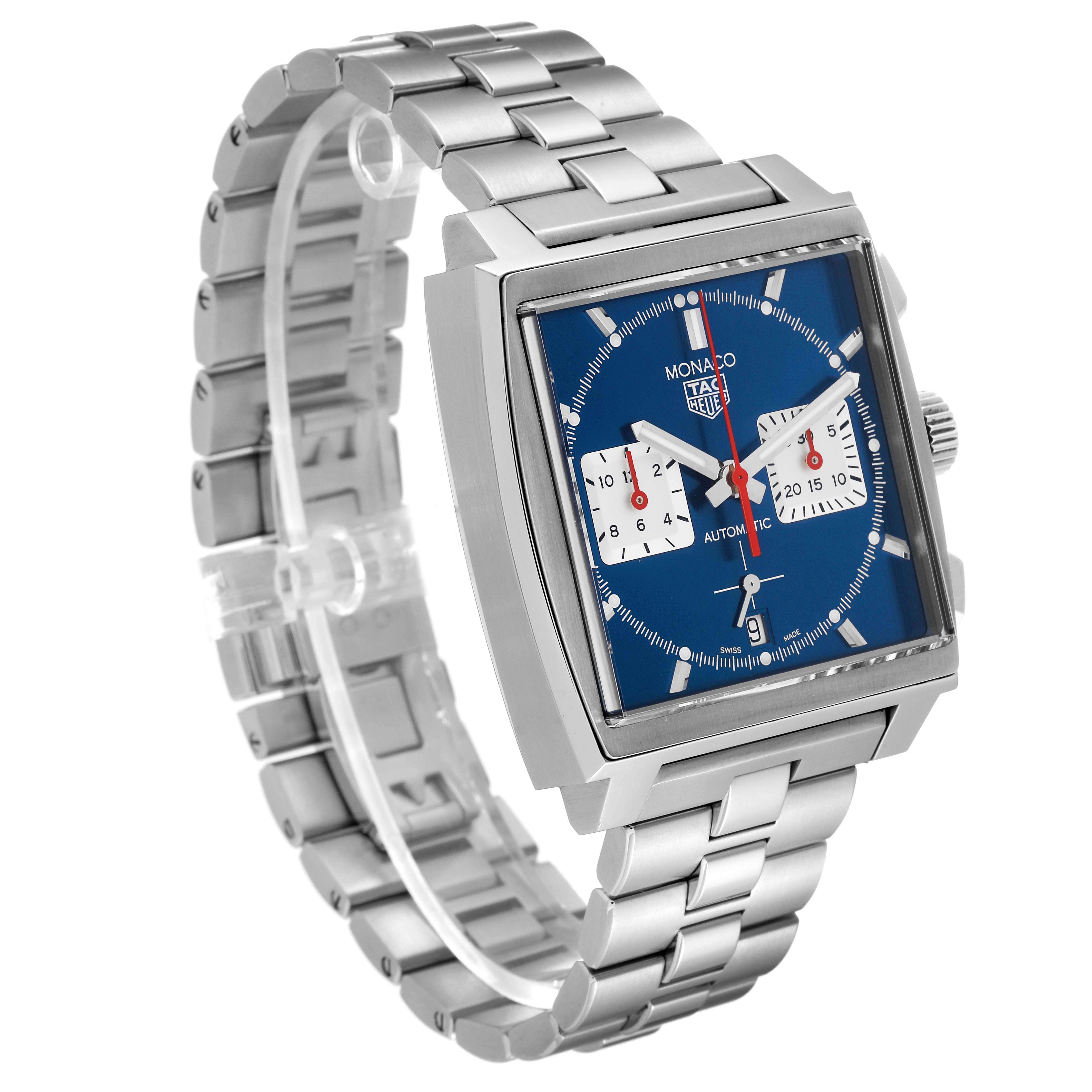 The Tag Heuer Monaco CBL2111.BA0644 Men's Stainless Steel Blue Dial CBL2111.BA0644 Men's Stainless Steel Blue Dial watch is shown at a slight angle, highlighting its blue dial, square case, and stainless steel bracelet.