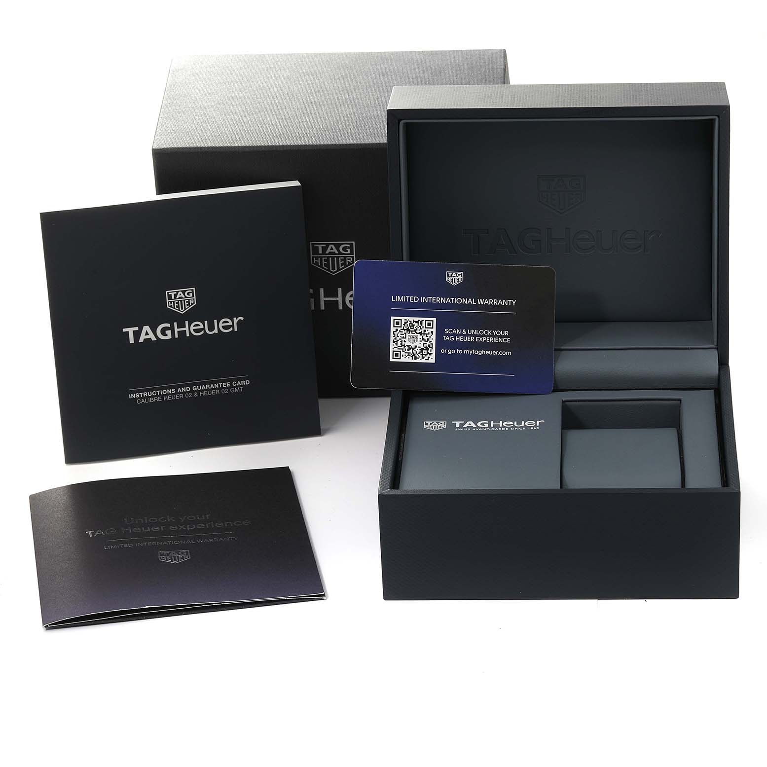 The image shows the packaging, user manuals, and warranty card for the Tag Heuer Monaco CBL2111.BA0644 Men's Stainless Steel Blue Dial CBL2111.BA0644 Men's Stainless Steel Blue Dial watch.