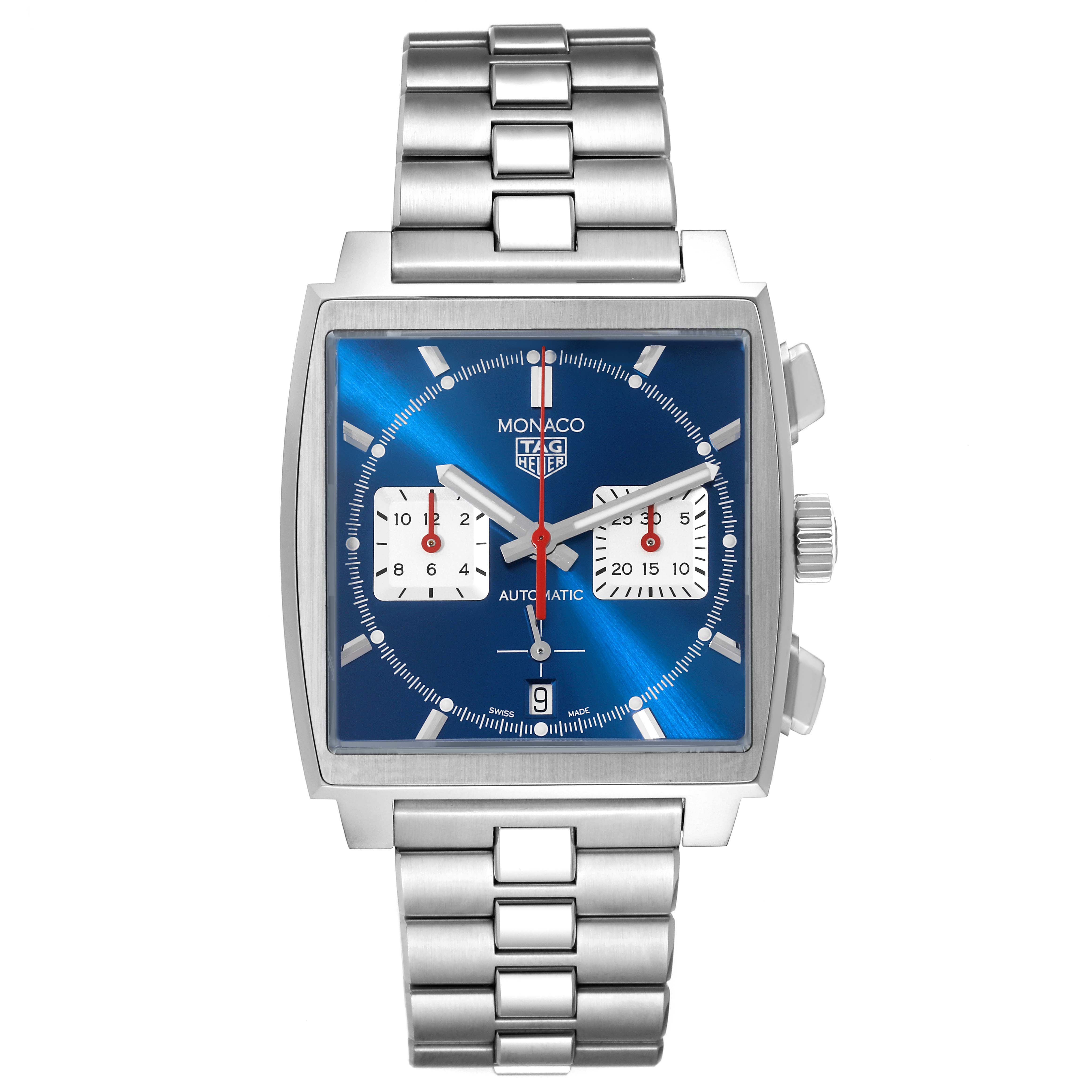 The image shows a front view of the Tag Heuer Monaco CBL2111.BA0644 Men's Stainless Steel Blue Dial CBL2111.BA0644 Men's Stainless Steel Blue Dial watch, displaying its blue dial, chronograph subdials, and metal bracelet.