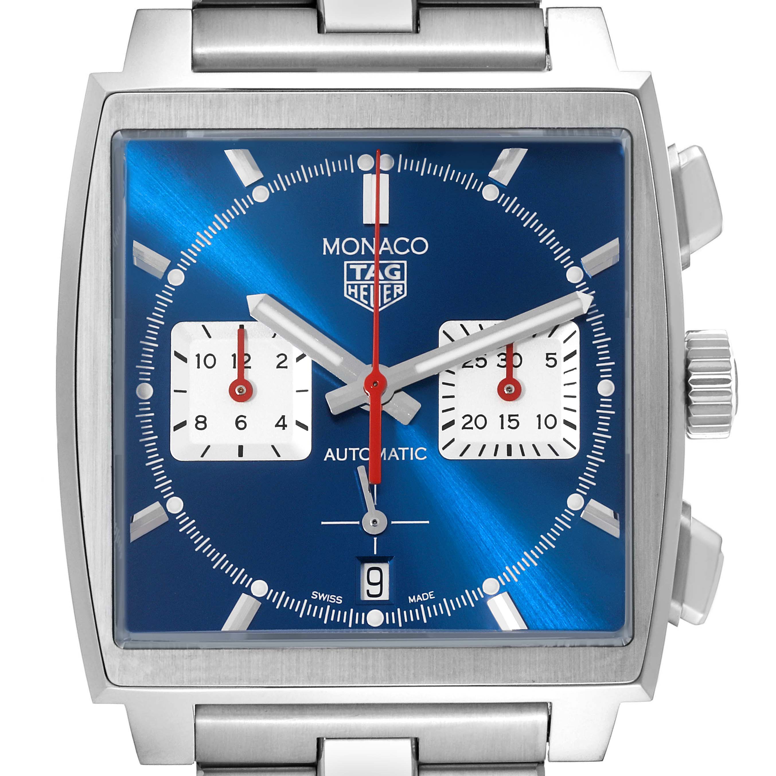 This Tag Heuer Monaco CBL2111.BA0644 Men's Stainless Steel Blue Dial CBL2111.BA0644 Men's Stainless Steel Blue Dial watch is shown from a front angle, displaying its blue dial, subdials, and stainless steel bracelet.