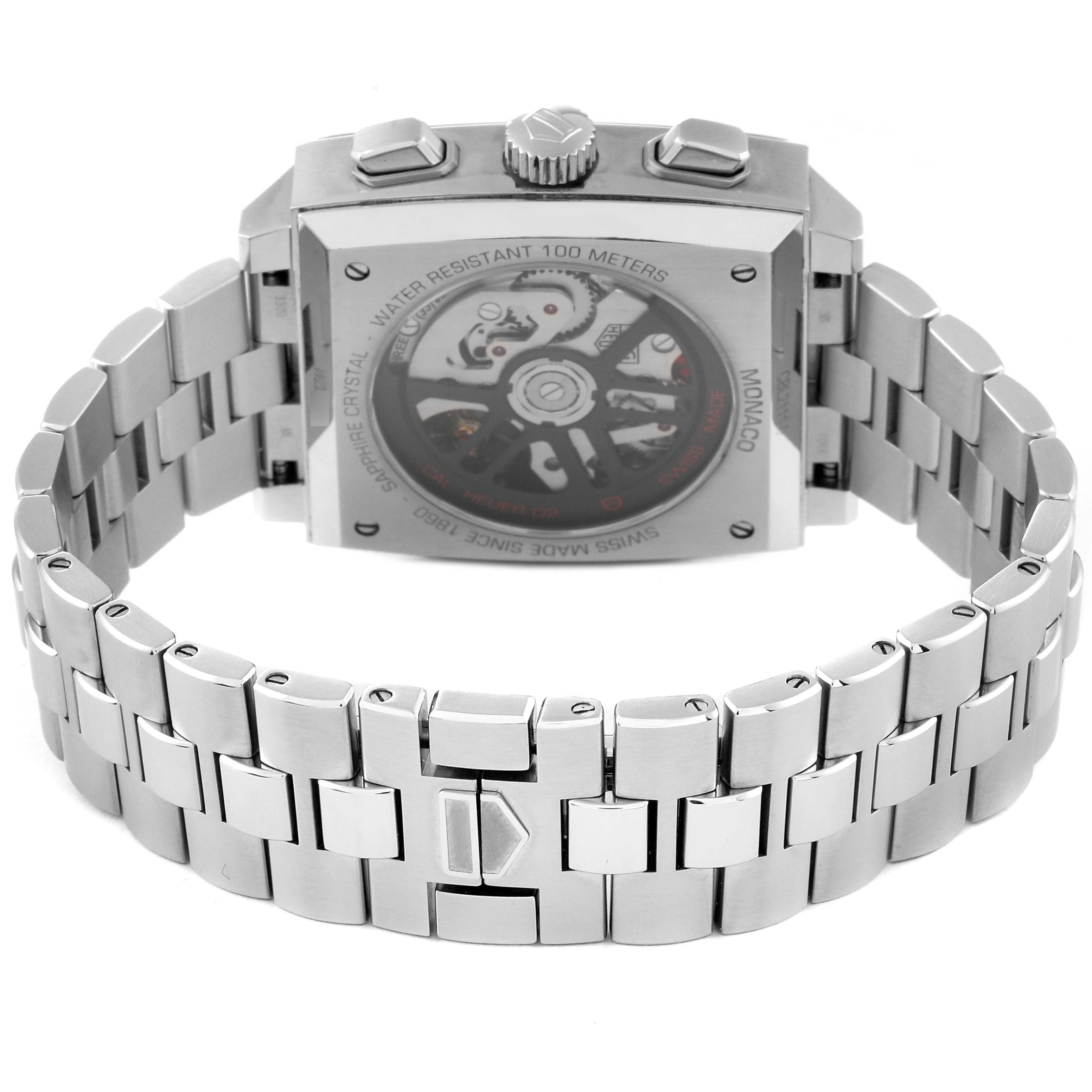 This image shows the back case and bracelet of the Tag Heuer Monaco CBL2111.BA0644 Men's Stainless Steel Blue Dial CBL2111.BA0644 Men's Stainless Steel Blue Dial watch from a rear angle.