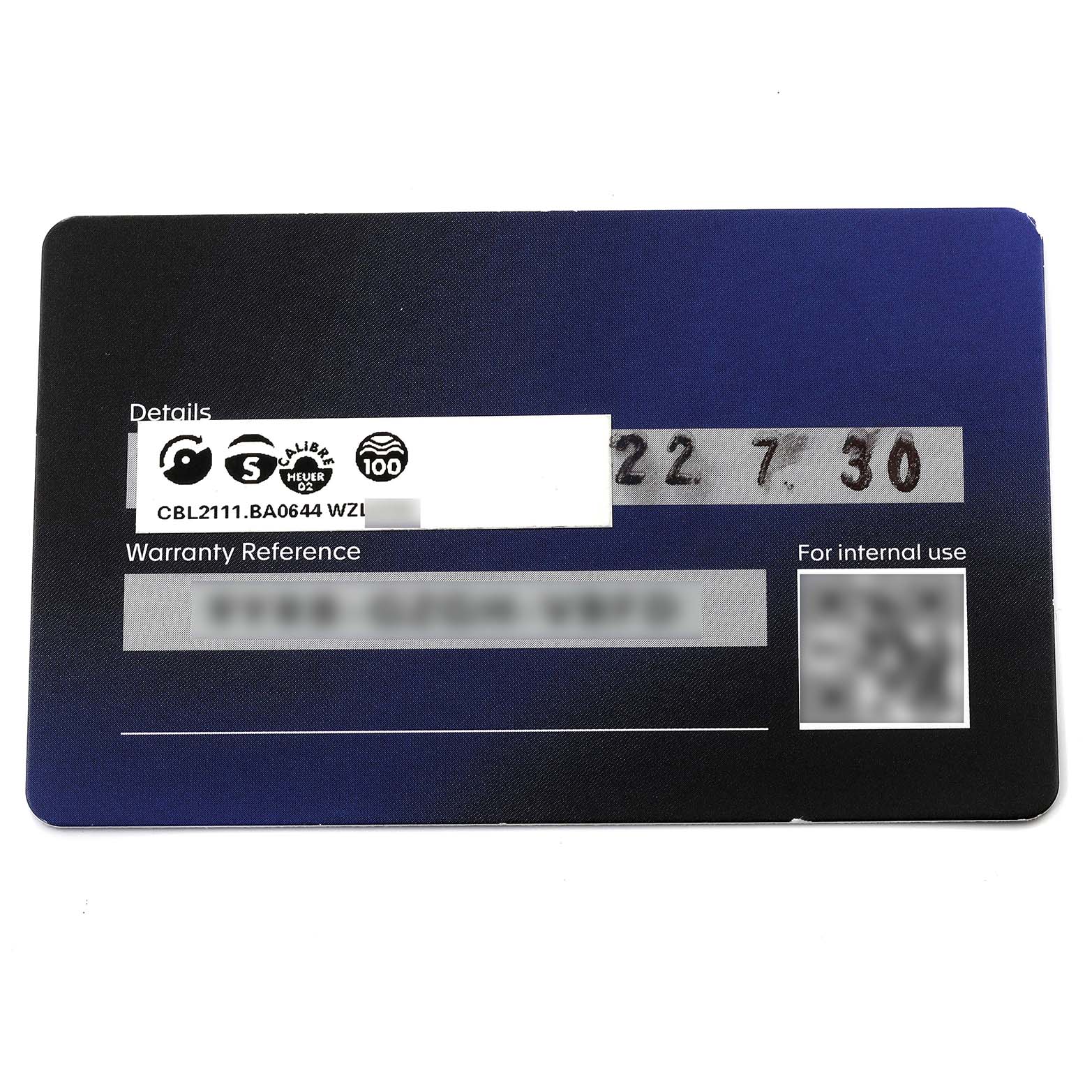 The image shows the warranty card for a Tag Heuer Monaco CBL2111.BA0644 Men's Stainless Steel Blue Dial CBL2111.BA0644 Men's Stainless Steel Blue Dial model watch, showcasing relevant details and warranty information.