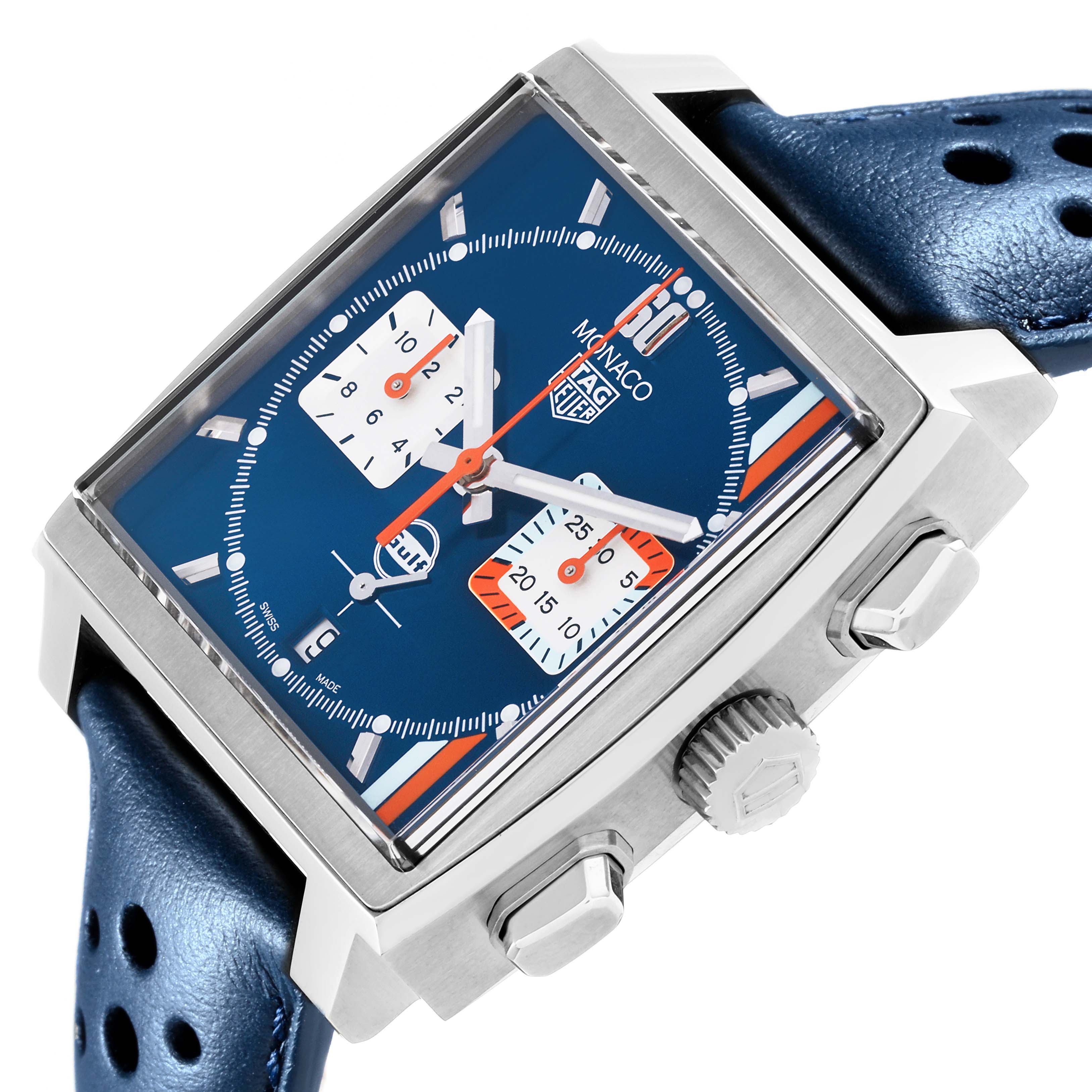 The Tag Heuer Monaco CBL2115.FC6494 Men's Stainless Steel Blue Dial CBL2115.FC6494 Men's Stainless Steel Blue Dial watch is shown at a slight angle, highlighting the dial, crown, and chrono pushers, mounted on a blue leather strap.
