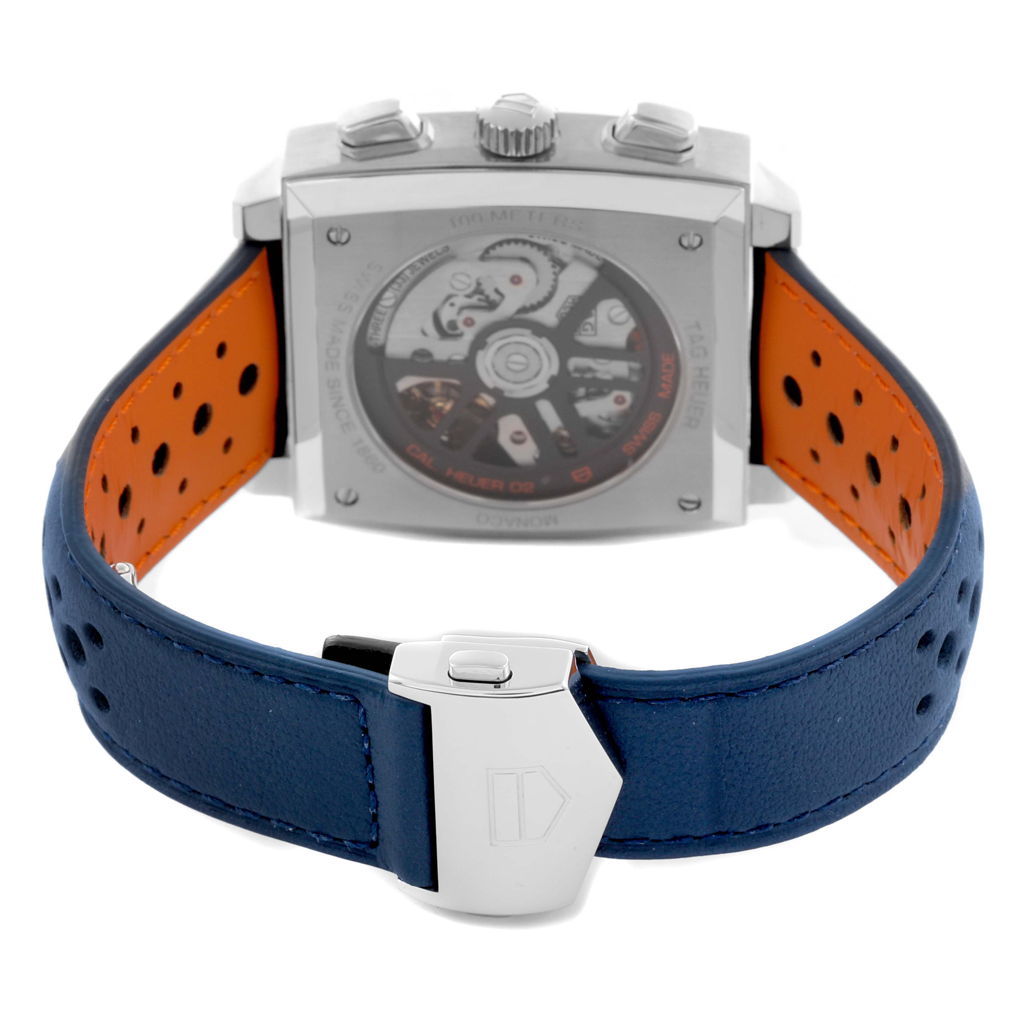 The Tag Heuer Monaco CBL2115.FC6494 Men's Stainless Steel Blue Dial CBL2115.FC6494 Men's Stainless Steel Blue Dial watch is shown from the back, revealing its transparent case back and blue leather strap.