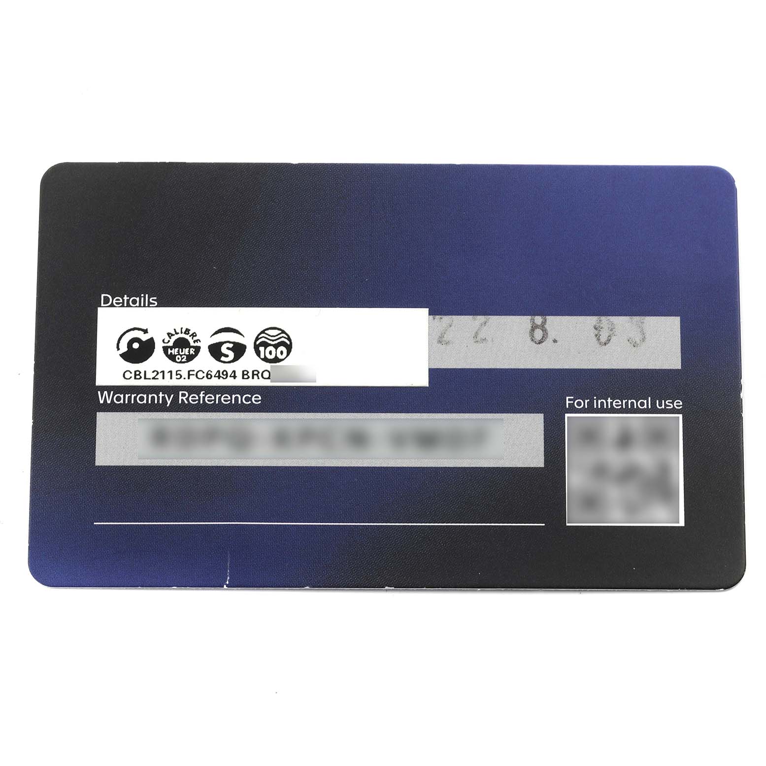 The image shows a warranty card for a Tag Heuer Monaco CBL2115.FC6494 Men's Stainless Steel Blue Dial CBL2115.FC6494 Men's Stainless Steel Blue Dial model, displaying model details and warranty information.