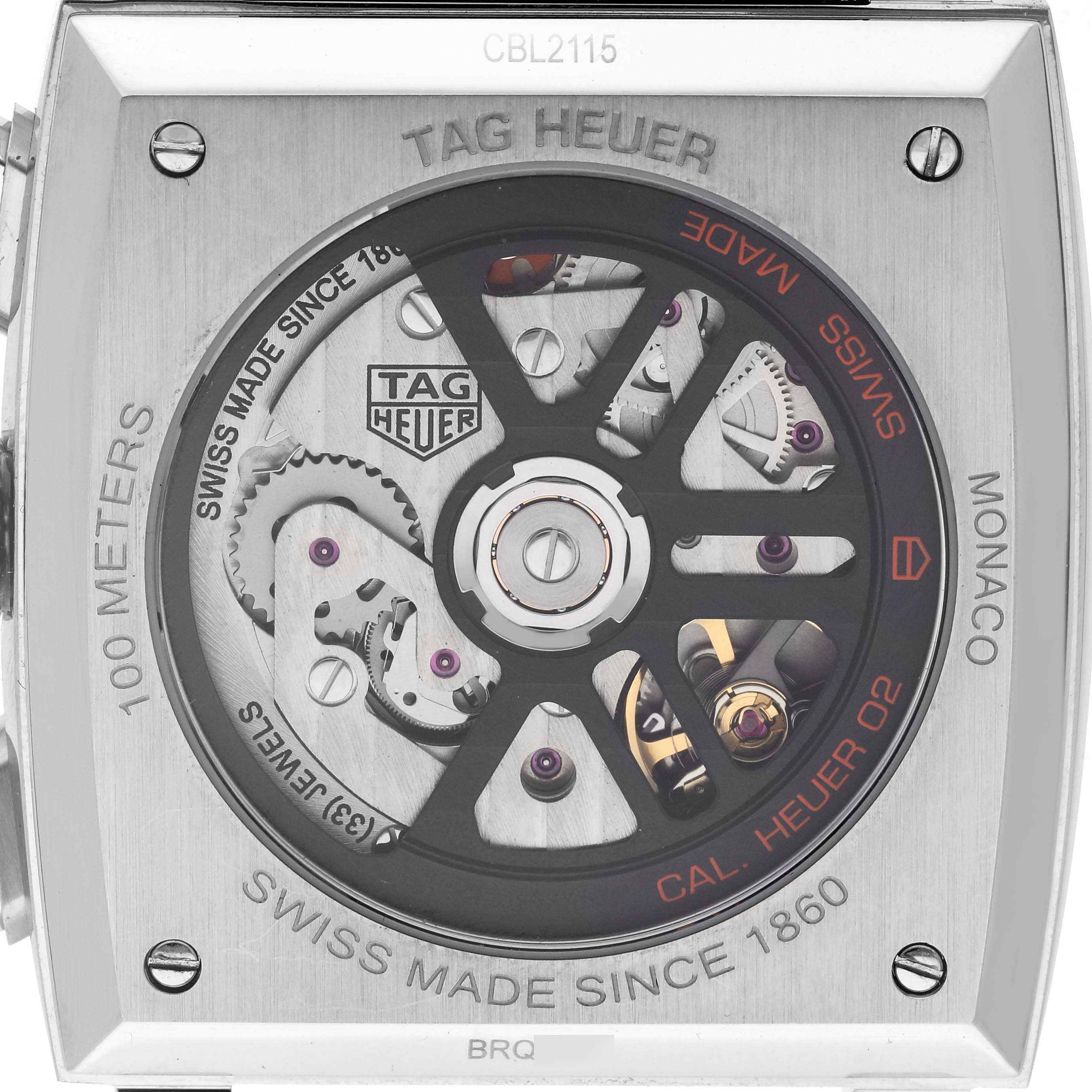 The image shows the back of the Tag Heuer Monaco CBL2115.FC6494 Men's Stainless Steel Blue Dial CBL2115.FC6494 Men's Stainless Steel Blue Dial watch, highlighting the movement and mechanical components.