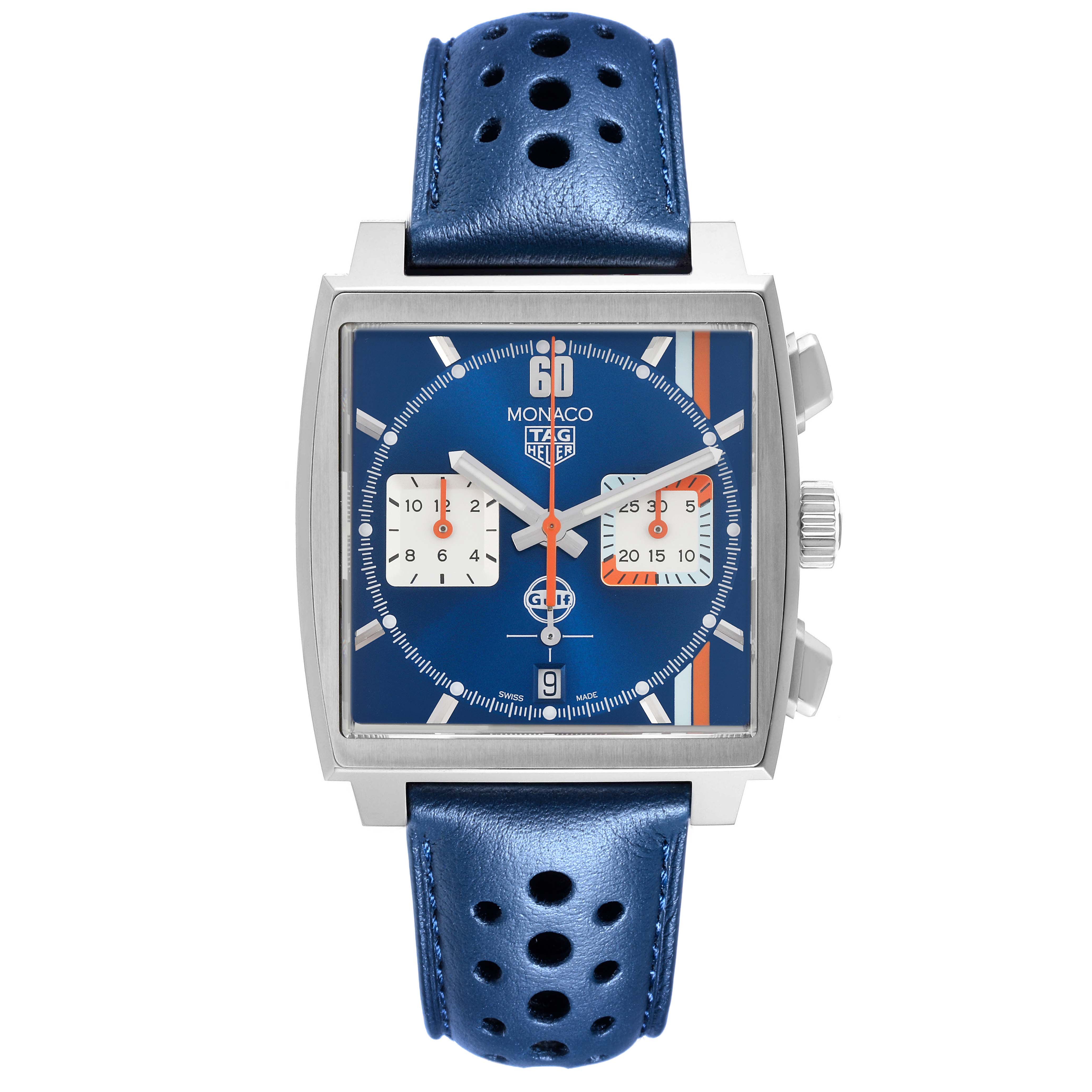 The image shows a frontal view of the Tag Heuer Monaco CBL2115.FC6494 Men's Stainless Steel Blue Dial CBL2115.FC6494 Men's Stainless Steel Blue Dial watch, highlighting its blue dial, square case, and leather strap.