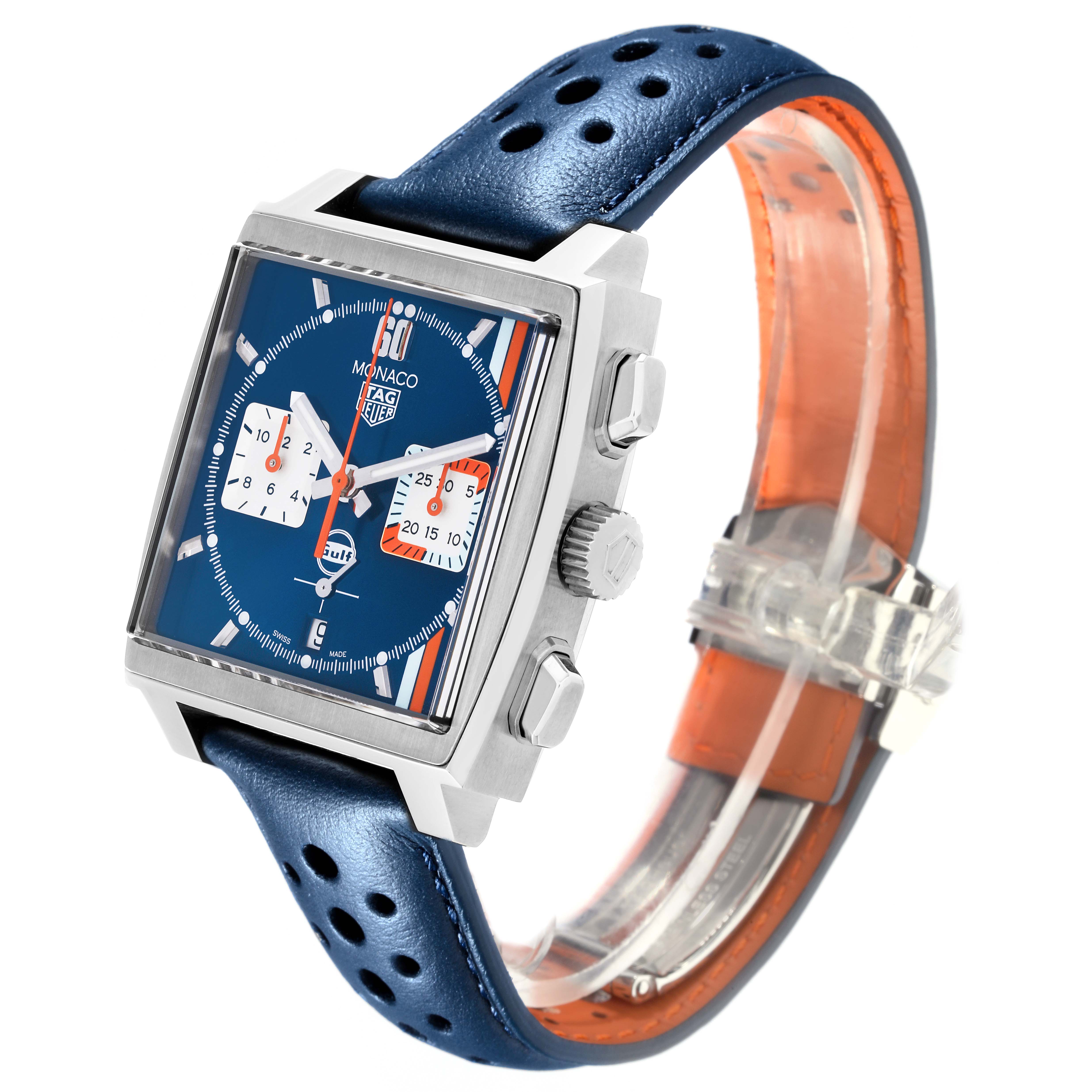 The Tag Heuer Monaco CBL2115.FC6494 Men's Stainless Steel Blue Dial CBL2115.FC6494 Men's Stainless Steel Blue Dial watch is shown at a slight angle, displaying the face, square case, side pushers, and perforated blue strap.
