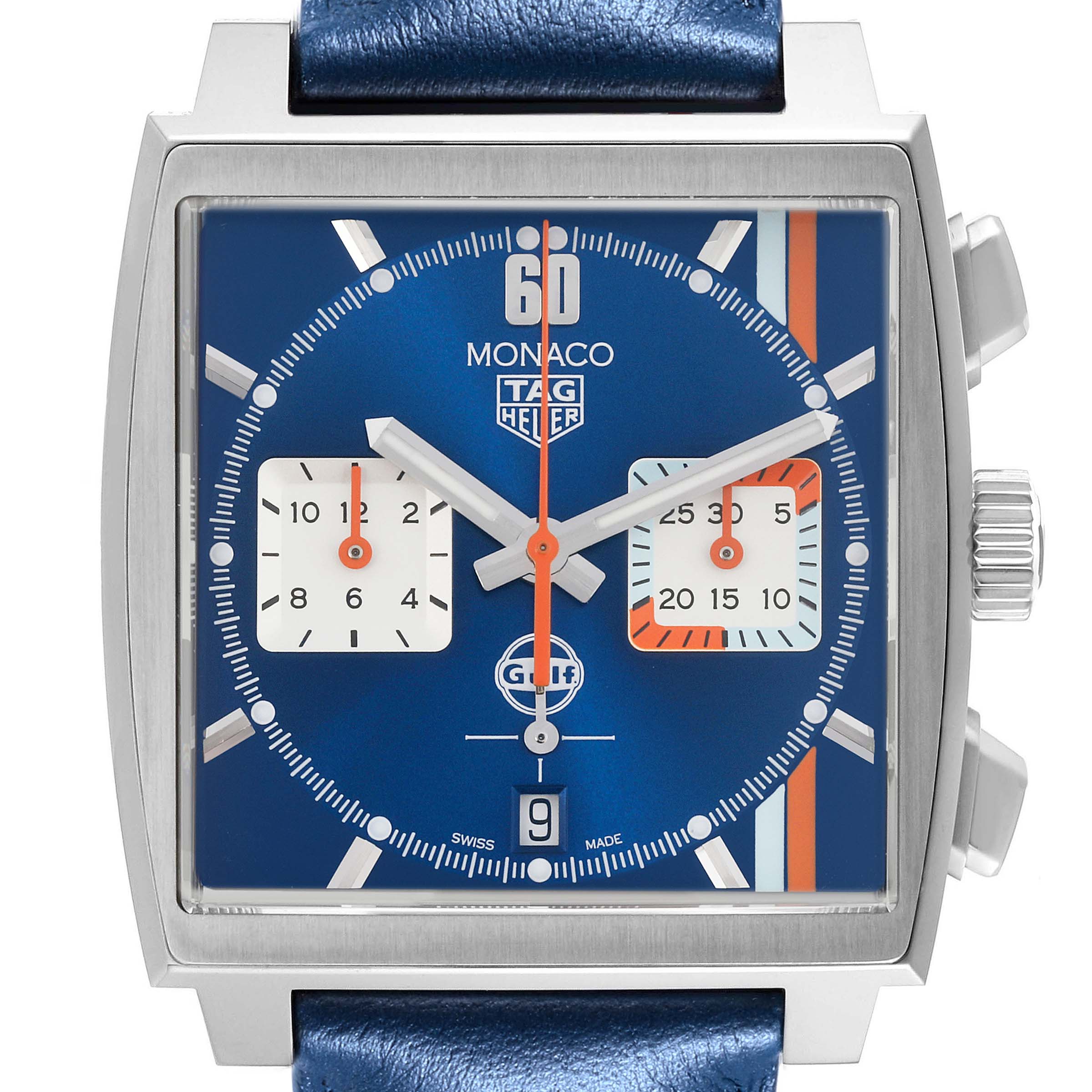 The image shows a front view of the Tag Heuer Monaco CBL2115.FC6494 Men's Stainless Steel Blue Dial CBL2115.FC6494 Men's Stainless Steel Blue Dial watch, highlighting its square case, blue dial, and chronograph subdials.