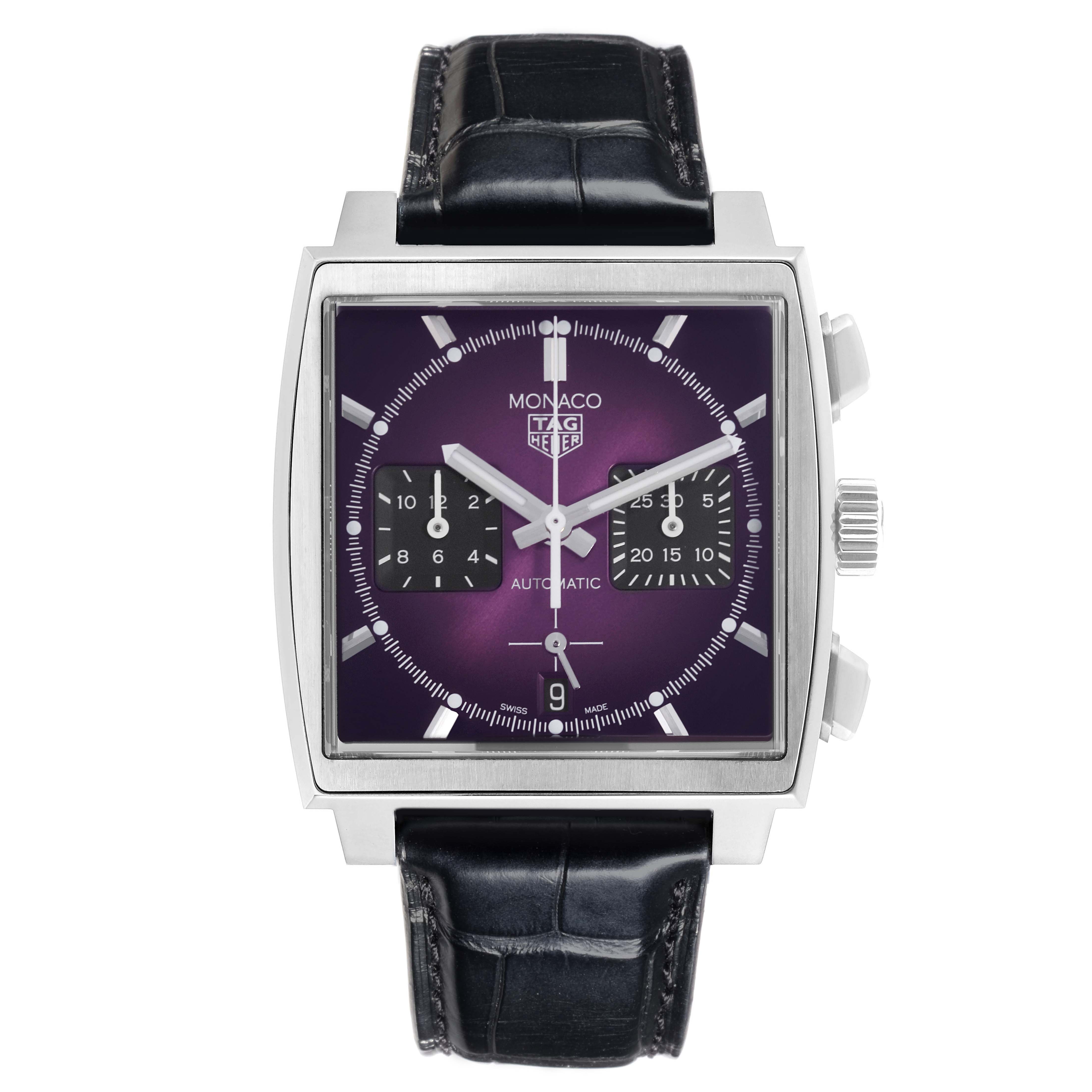 The Tag Heuer Monaco CBL2118.FC6518 Men's Stainless Steel Purple Dial CBL2118.FC6518 Men's Stainless Steel Purple Dial watch is shown from the front, displaying the dial, case, crown, and leather strap.