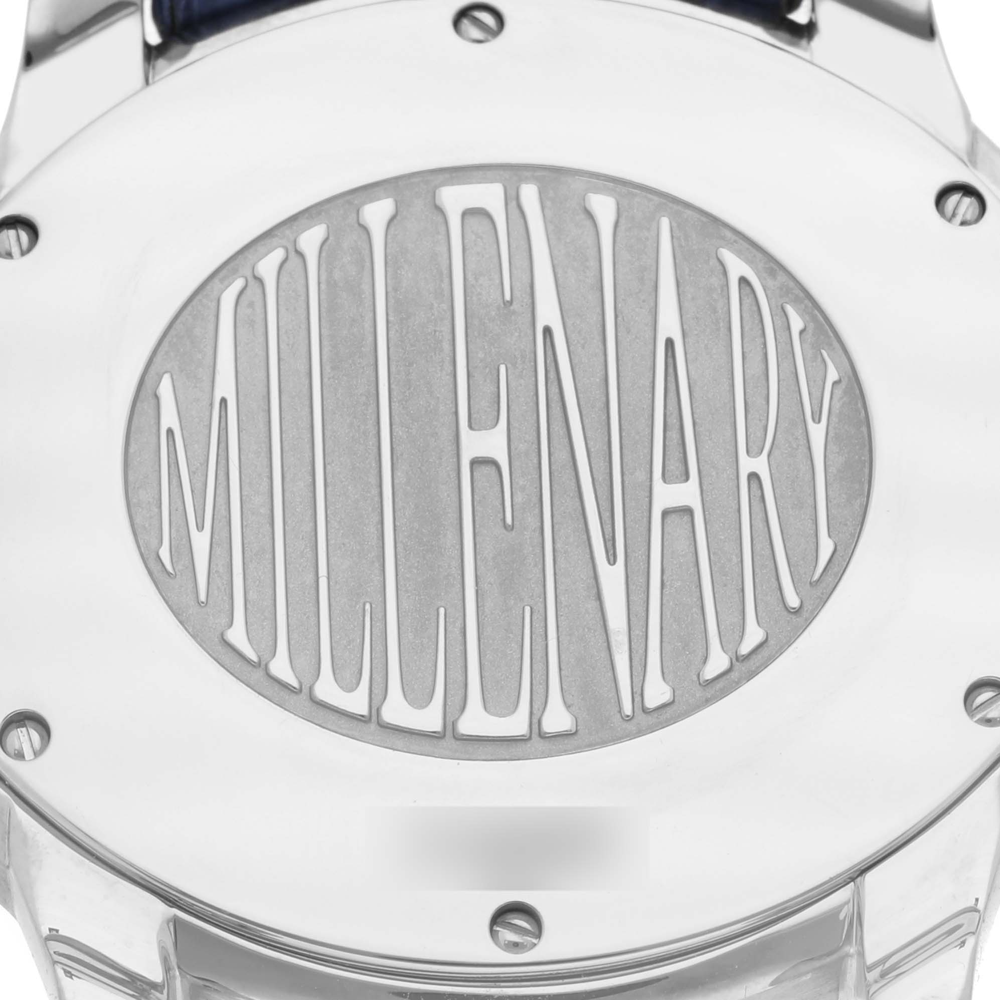 The image shows the back of the Audemars Piguet Millenary 77301ST.ZZ.D303CR.01 Women's White Gold Blue Dial 77301ST.ZZ.D303CR.01 Women's White Gold Blue Dial watch with engraving details.