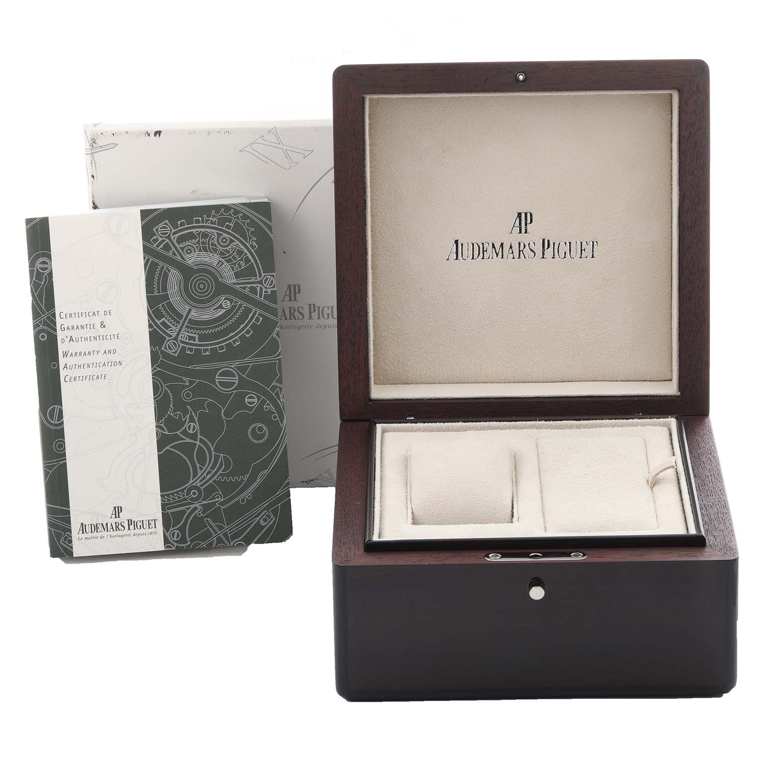 The image shows the packaging for the Audemars Piguet Millenary 77301ST.ZZ.D303CR.01 Women's White Gold Blue Dial 77301ST.ZZ.D303CR.01 Women's White Gold Blue Dial model, featuring a wooden box and documentation.