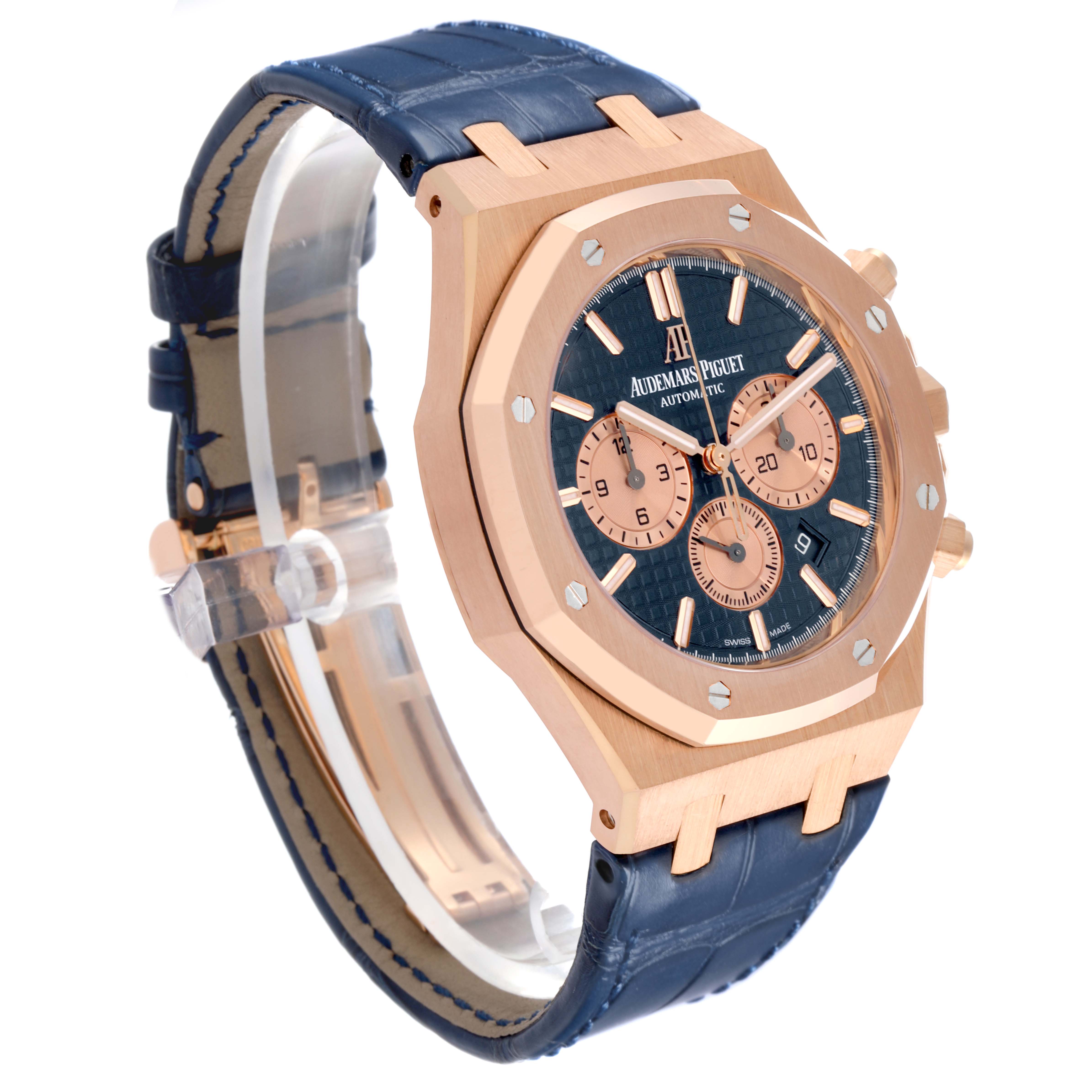 The Audemars Piguet Royal Oak 26331OR.OO.D315CR.01 Men's Rose Gold Blue Dial 26331OR.OO.D315CR.01 Men's Rose Gold Blue Dial watch is shown at a slight angle, highlighting its octagonal bezel, blue strap, and dial features.