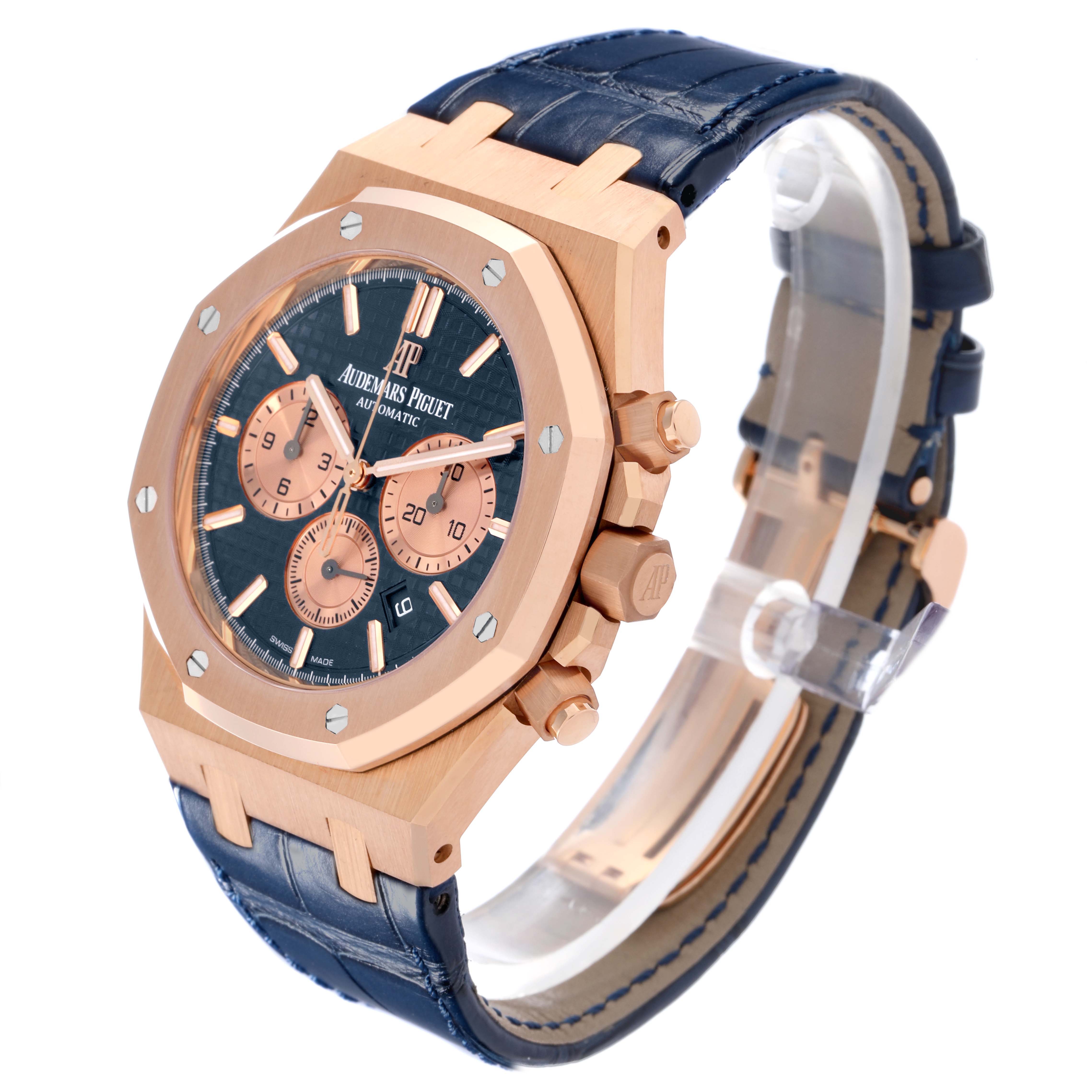 The Audemars Piguet Royal Oak 26331OR.OO.D315CR.01 Men's Rose Gold Blue Dial 26331OR.OO.D315CR.01 Men's Rose Gold Blue Dial is shown at a slight angle, displaying the face, octagonal bezel, side crown, and leather strap.