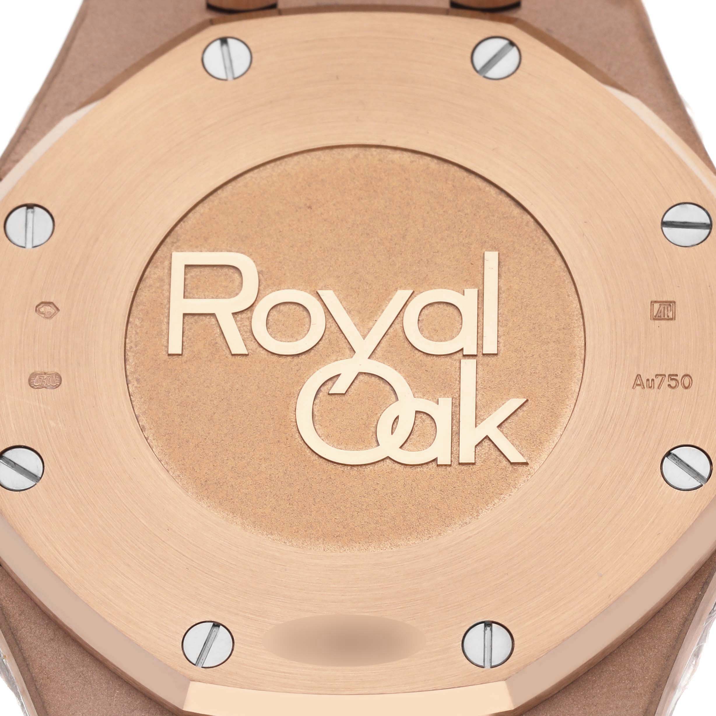 The image shows the back case of a Royal Oak model by Audemars Piguet, featuring the brand's name and exposed screws.