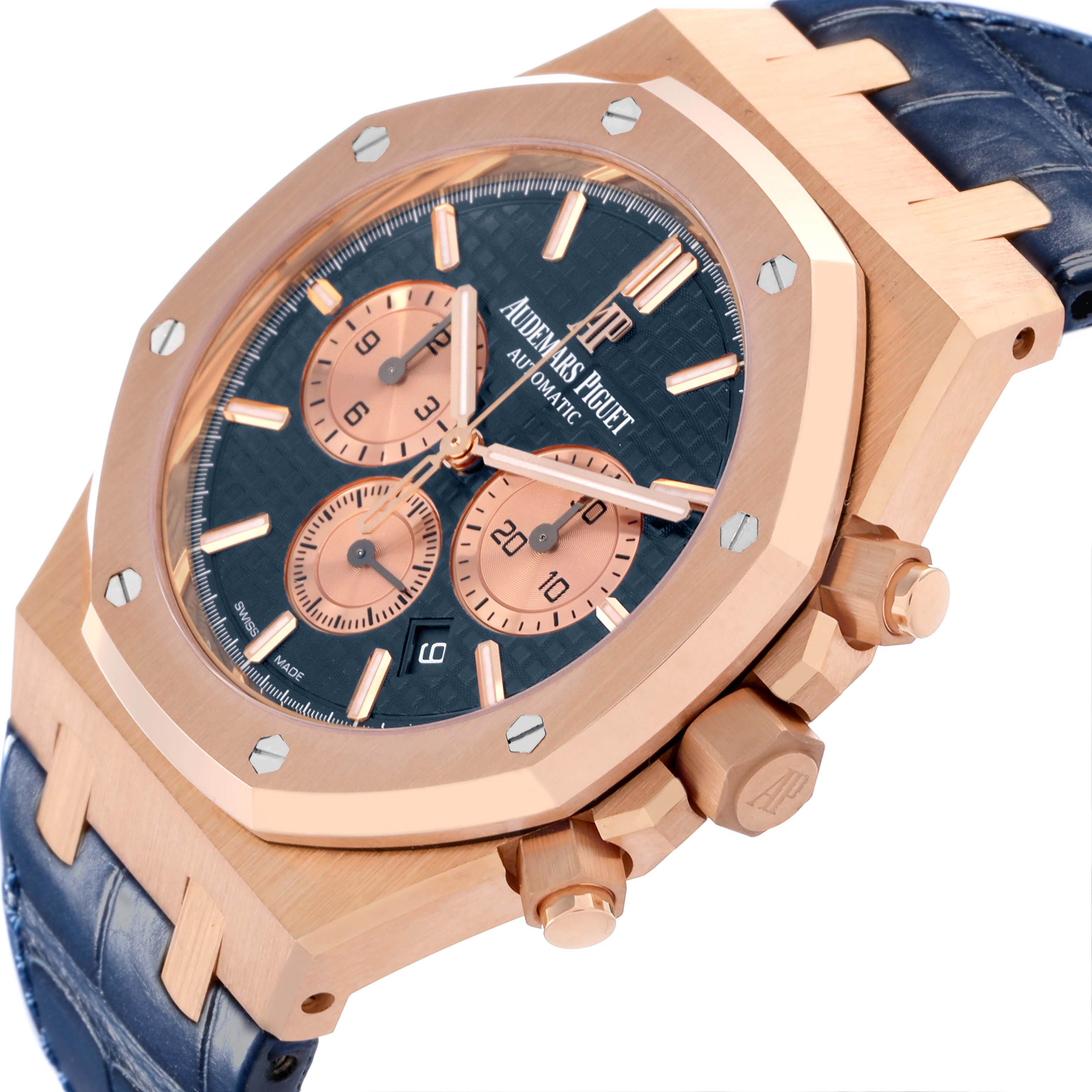 The Audemars Piguet Royal Oak 26331OR.OO.D315CR.01 Men's Rose Gold Blue Dial 26331OR.OO.D315CR.01 Men's Rose Gold Blue Dial is shown at a 3/4 angle highlighting the case, dial, bezel, crown, and strap.