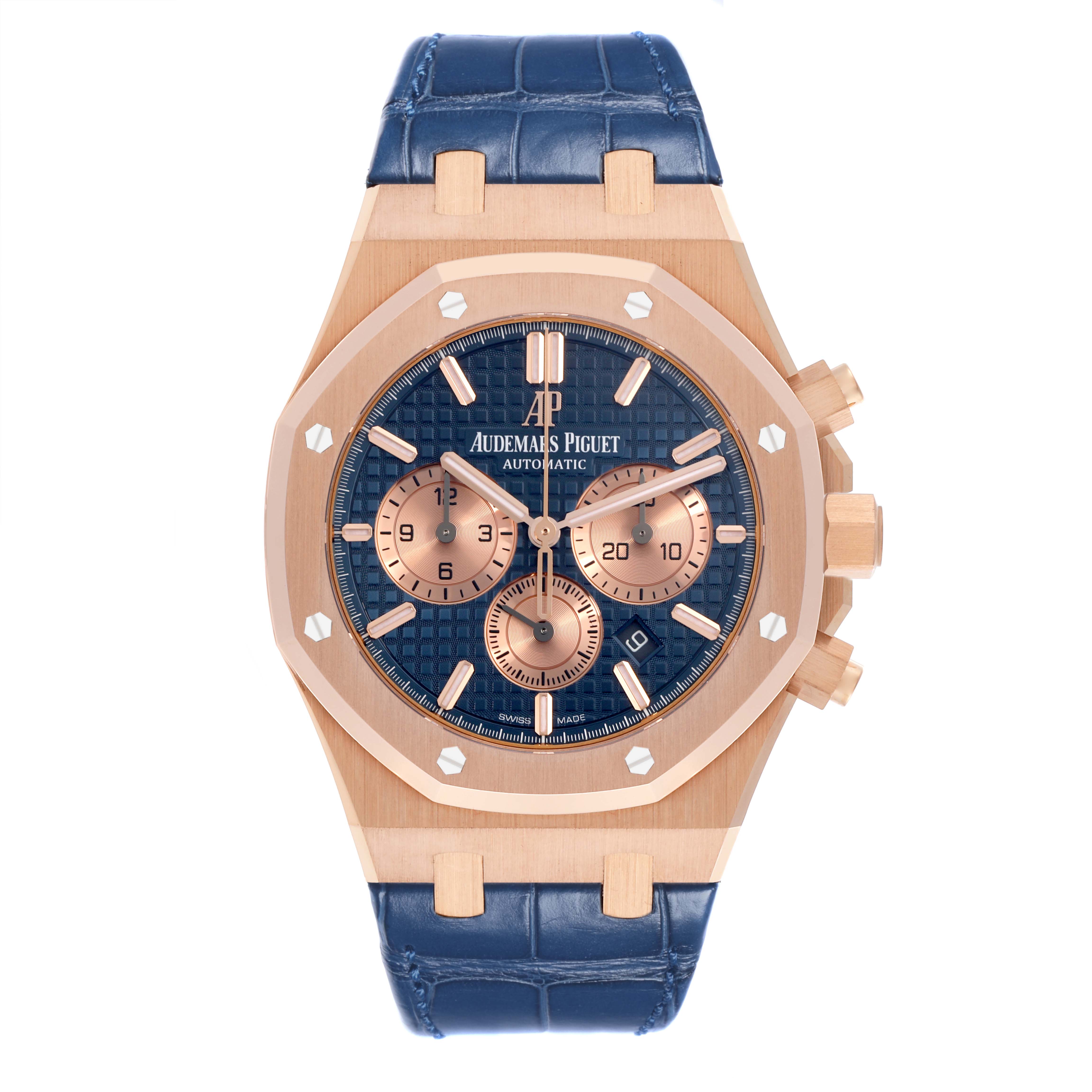 The Audemars Piguet Royal Oak 26331OR.OO.D315CR.01 Men's Rose Gold Blue Dial 26331OR.OO.D315CR.01 Men's Rose Gold Blue Dial watch is shown from the front, highlighting the case, blue dial, subdials, and blue strap.