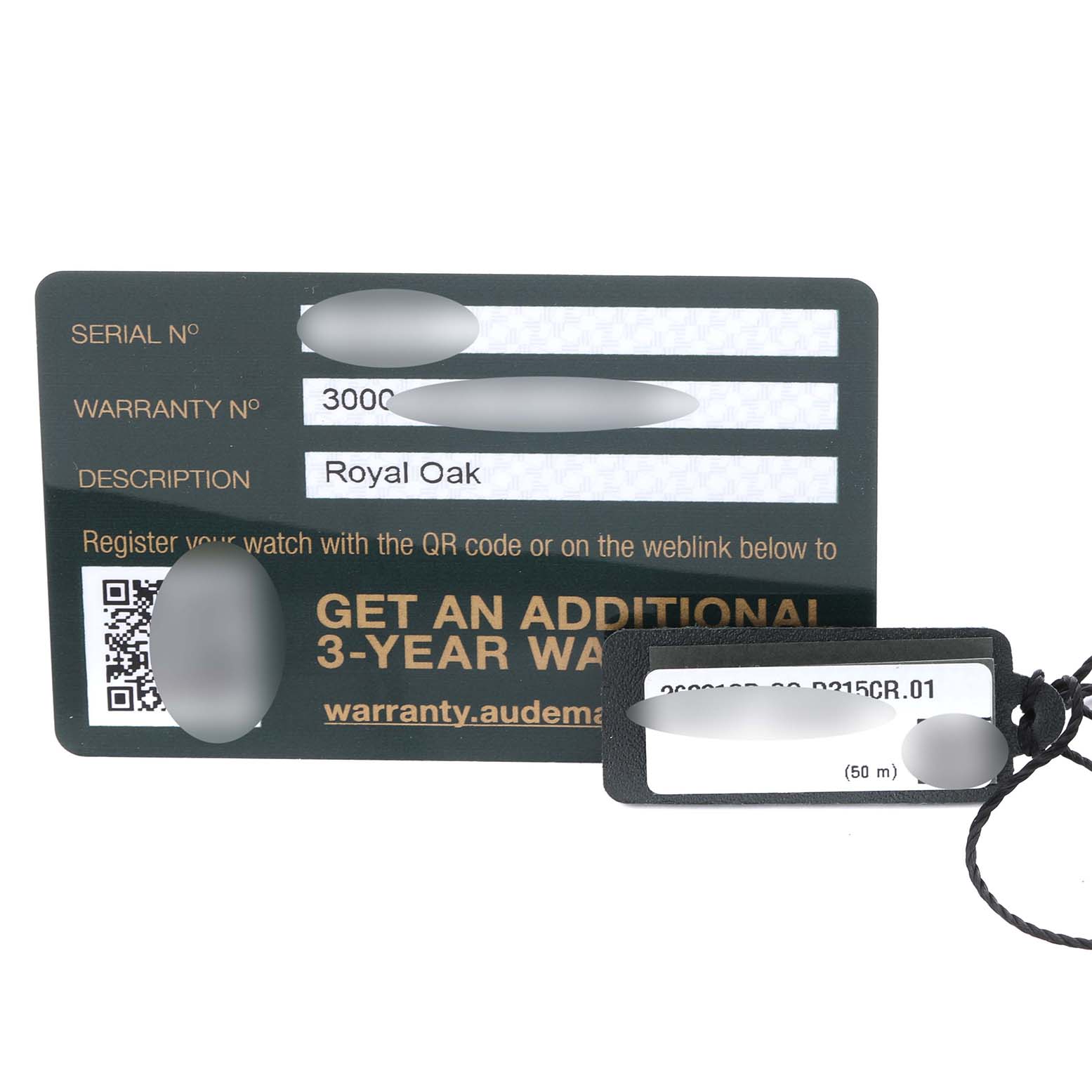 The image shows warranty cards and tags for an Audemars Piguet Royal Oak 26331OR.OO.D315CR.01 Men's Rose Gold Blue Dial 26331OR.OO.D315CR.01 Men's Rose Gold Blue Dial watch, featuring serial and warranty numbers.