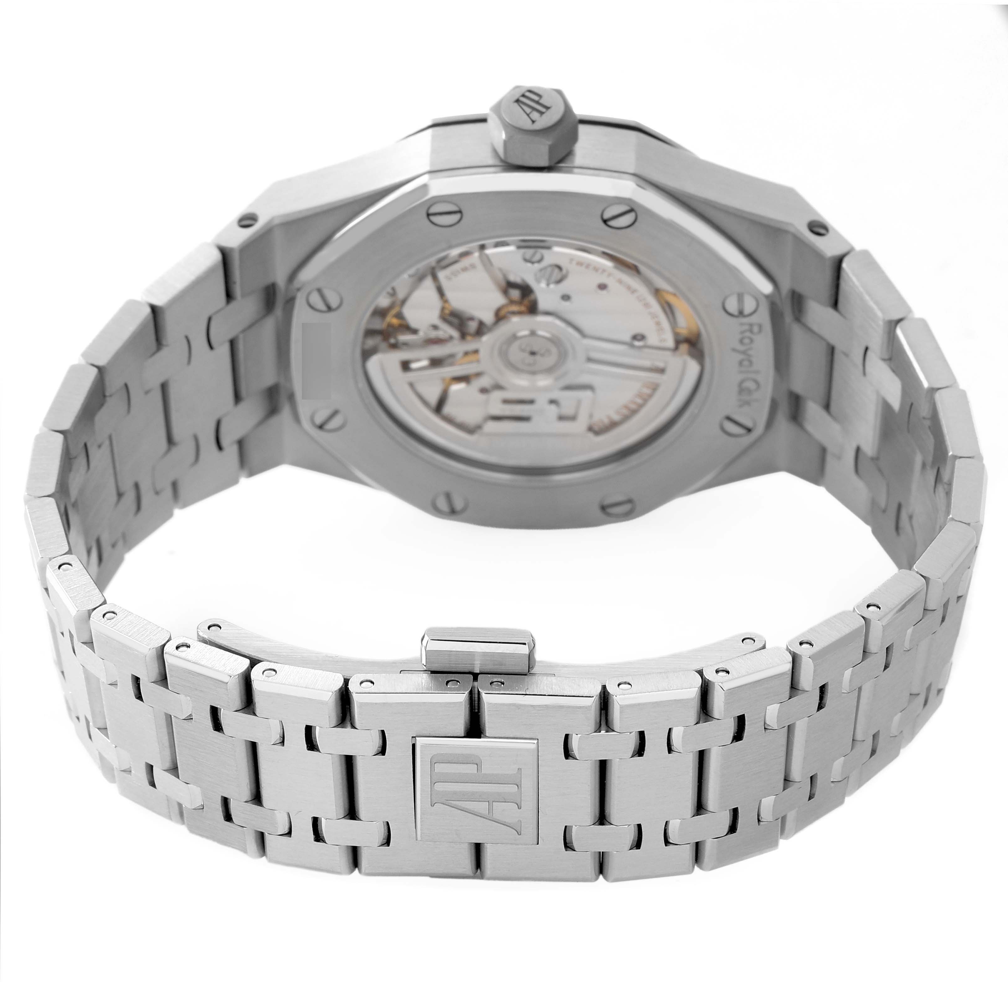 The image shows the back of the Audemars Piguet Royal Oak 15550ST.00.1356ST.06 Men's Stainless Steel Blue Dial, highlighting its caseback, bracelet, and clasp with the AP logo.