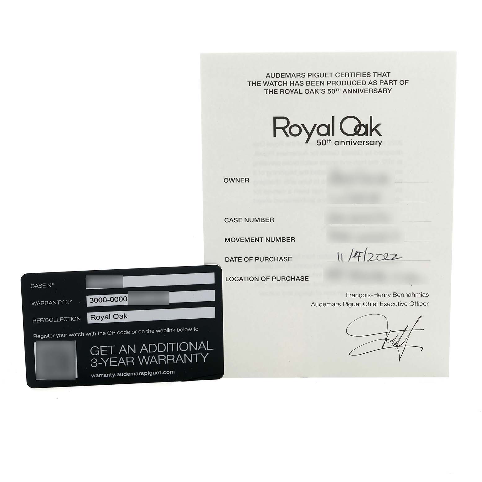 The image displays the warranty card and certificate for an Audemars Piguet Royal Oak 15550ST.00.1356ST.06 Men's Stainless Steel Blue Dial, showing warranty details and purchase information.
