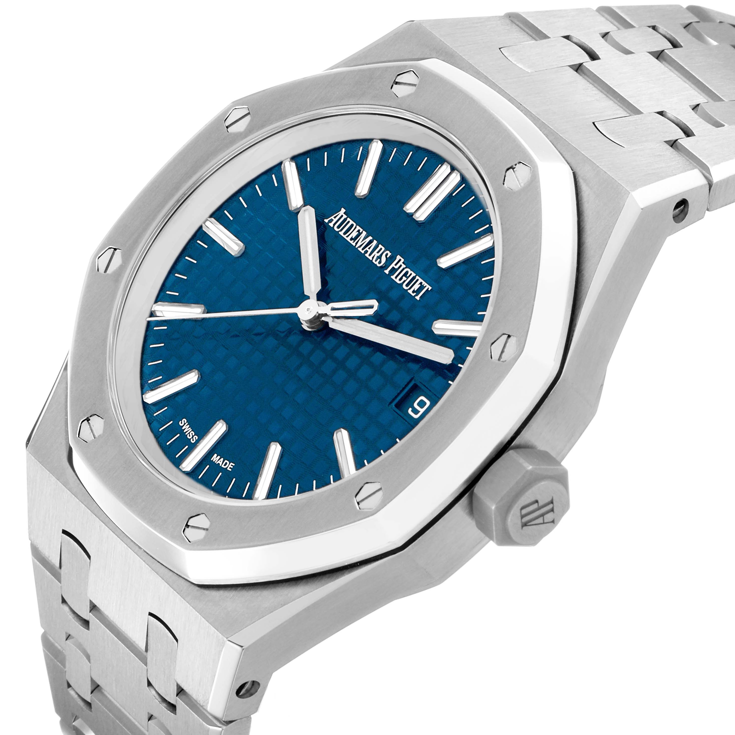 The Audemars Piguet Royal Oak 15550ST.00.1356ST.06 Men's Stainless Steel Blue Dial watch is shown at an angled side view, displaying the dial, bezel, bracelet, and crown.